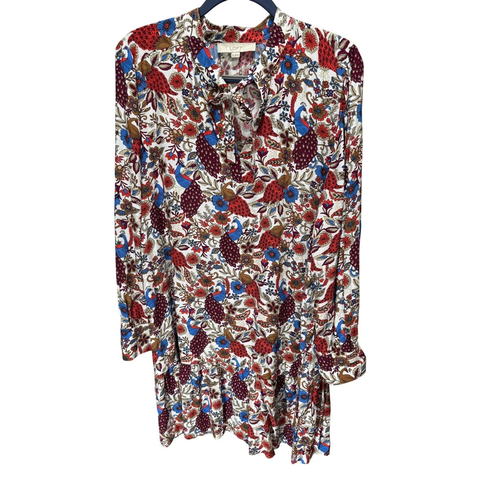 LOFT Dress Women XL Peacock Floral Tie Neck Ruffle Hem Shift Cottagecore Casual