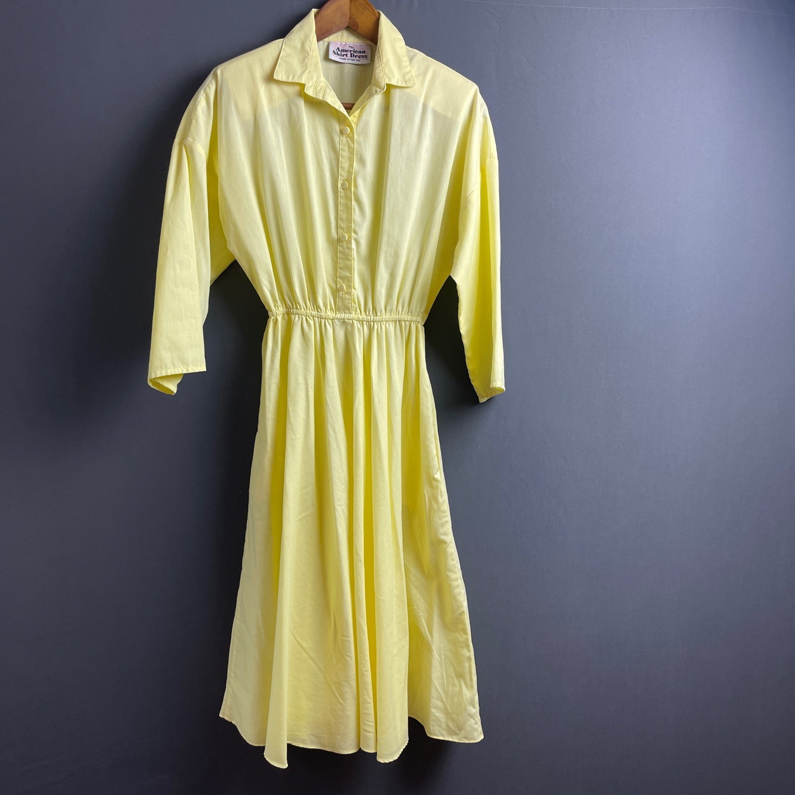 The American Shirt Dress Yellow Button Up Elastic Waist Midi Made in USA Medium