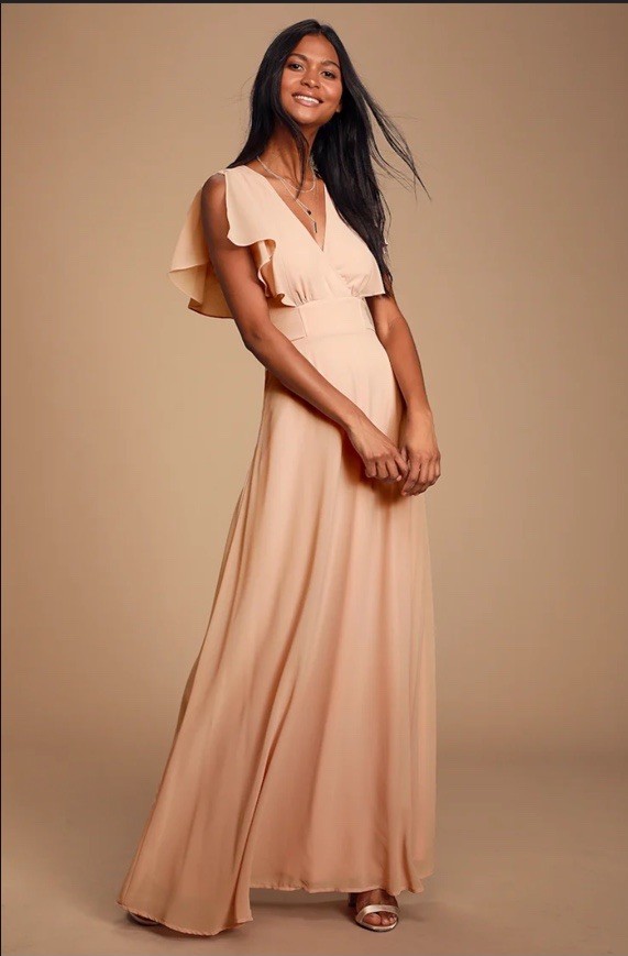 Lulus Dearly Loved Dress Womens Blush Flutter Sleeve Surplice Flowing Maxi Sz M
