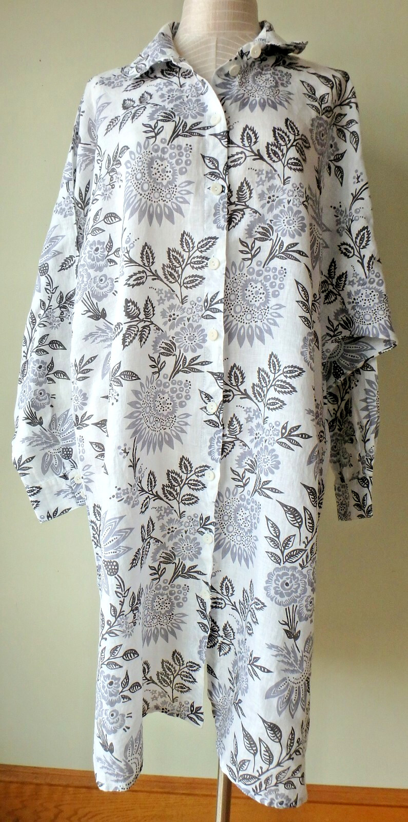 FLAX Designs LINEN Dress Shirtdress L NWT Linen Duster PEWTER FLORAL