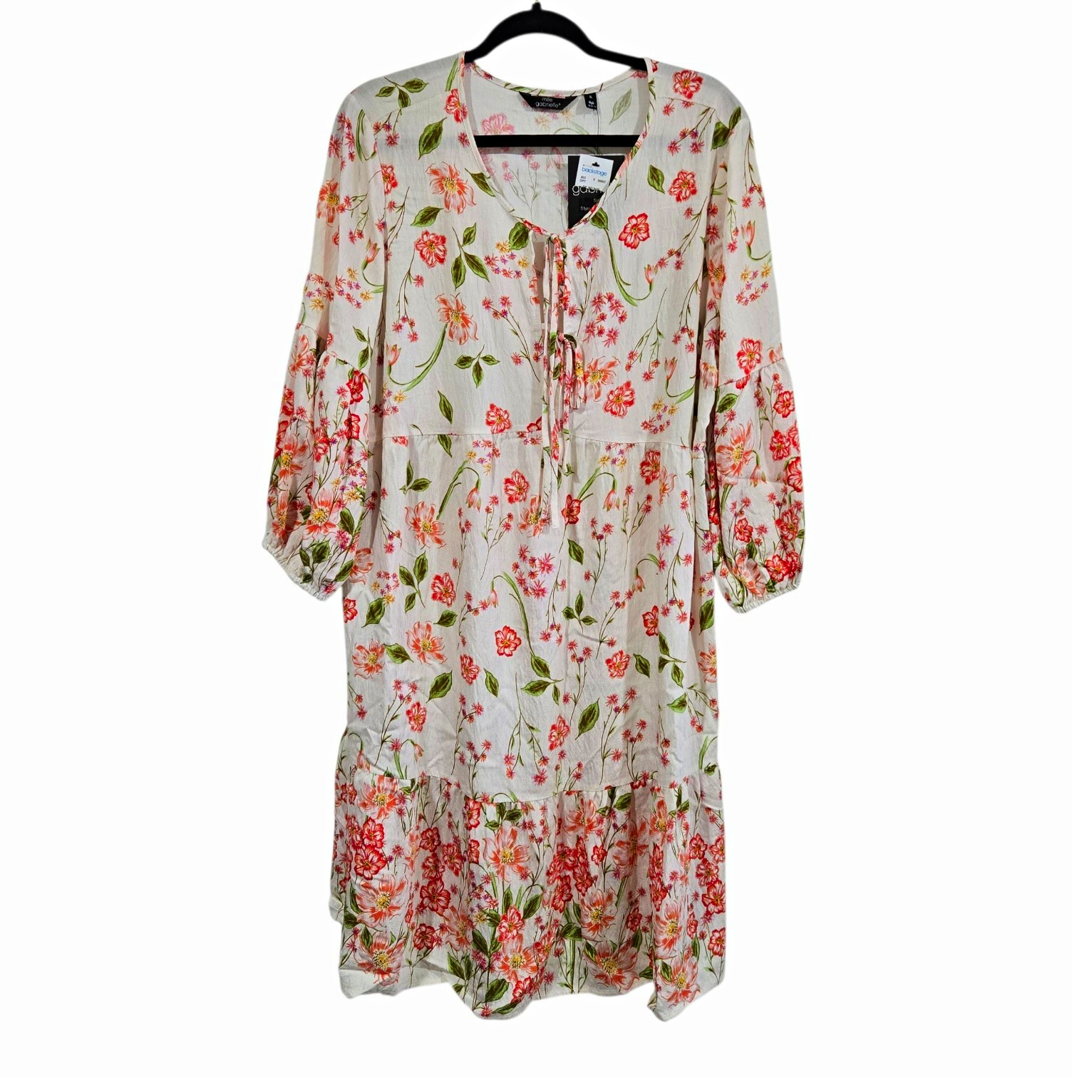 Mlle Gabrielle Floral A-Line Dress 3/4 Balloon Sleeve Tie Ruffle XL New