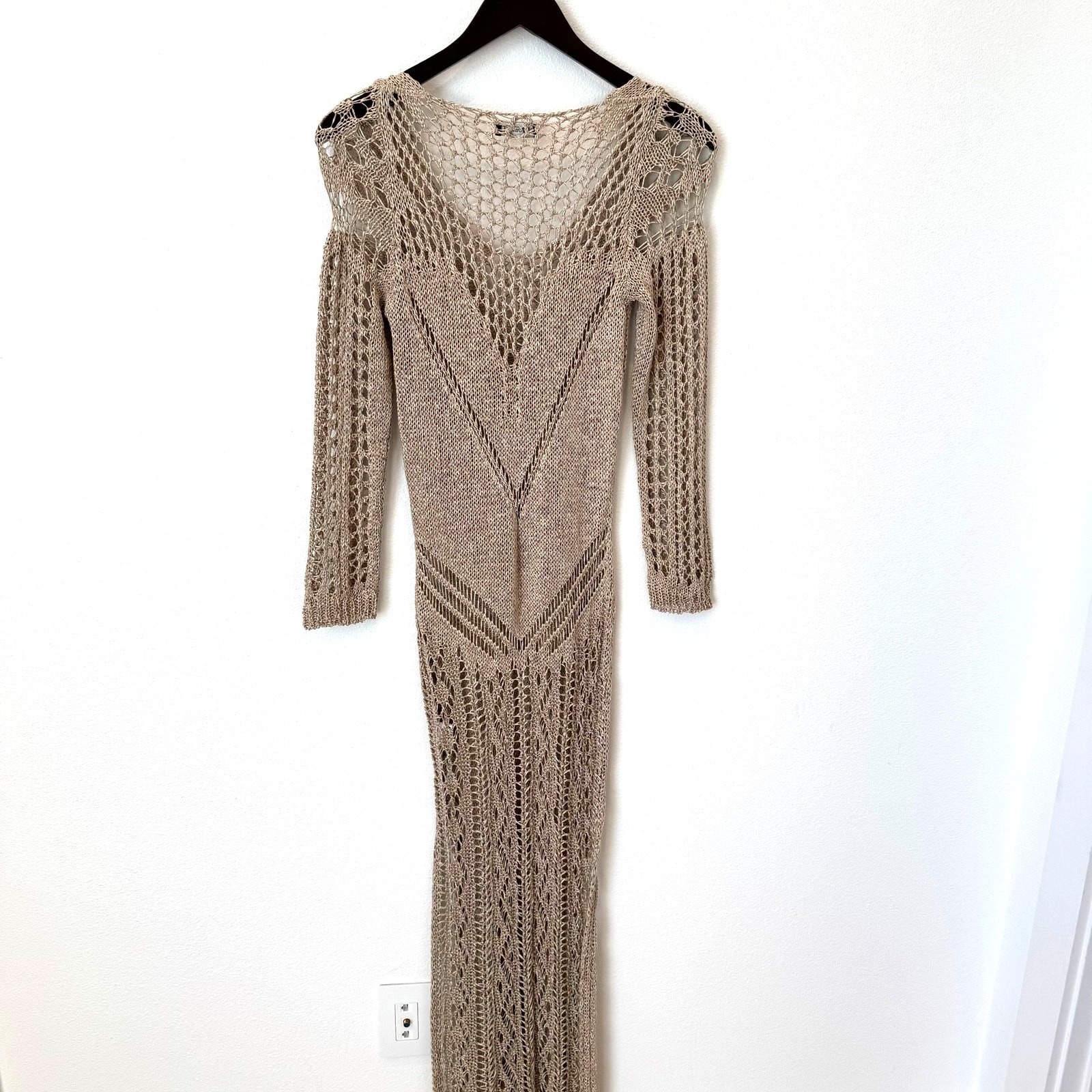 Woolnet Greece Metallic Bronze Gold Crochet Knit Maxi Dress Resortwear