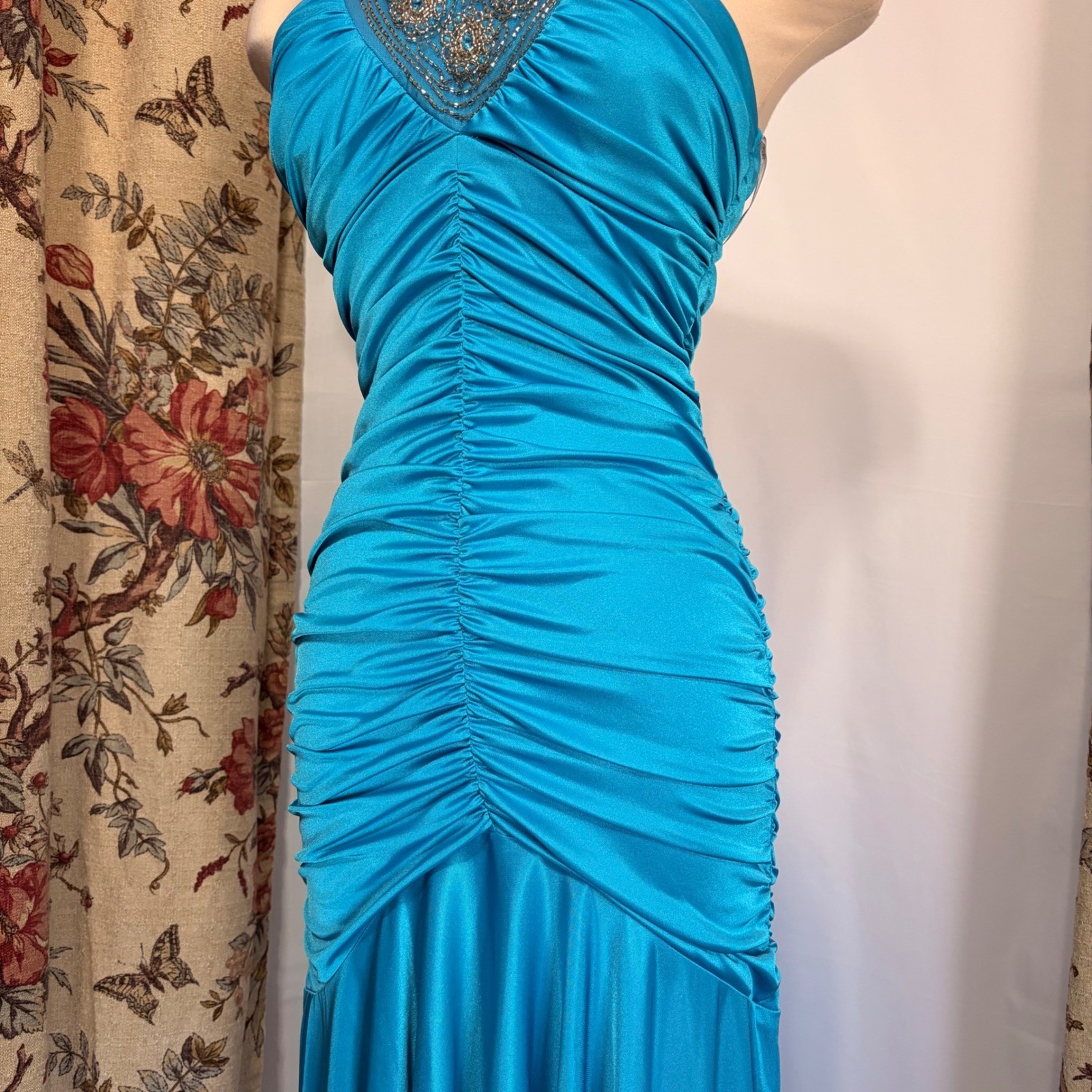 CITY TRIANGLES Turquoise Beaded Halter Ruched mermaid style gown silver detail