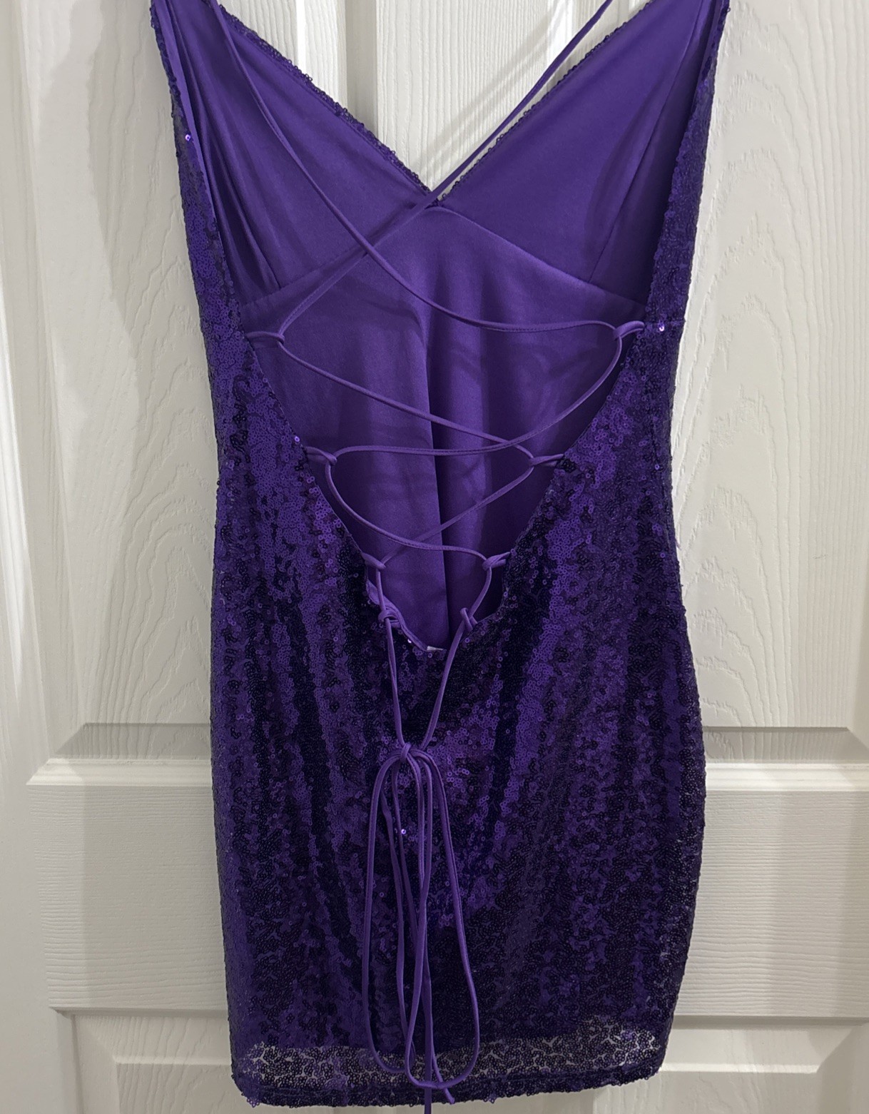 Lucy In The Sky Purple Sequin Spaghetti Strap Lace Up Back Medium Mini Dress