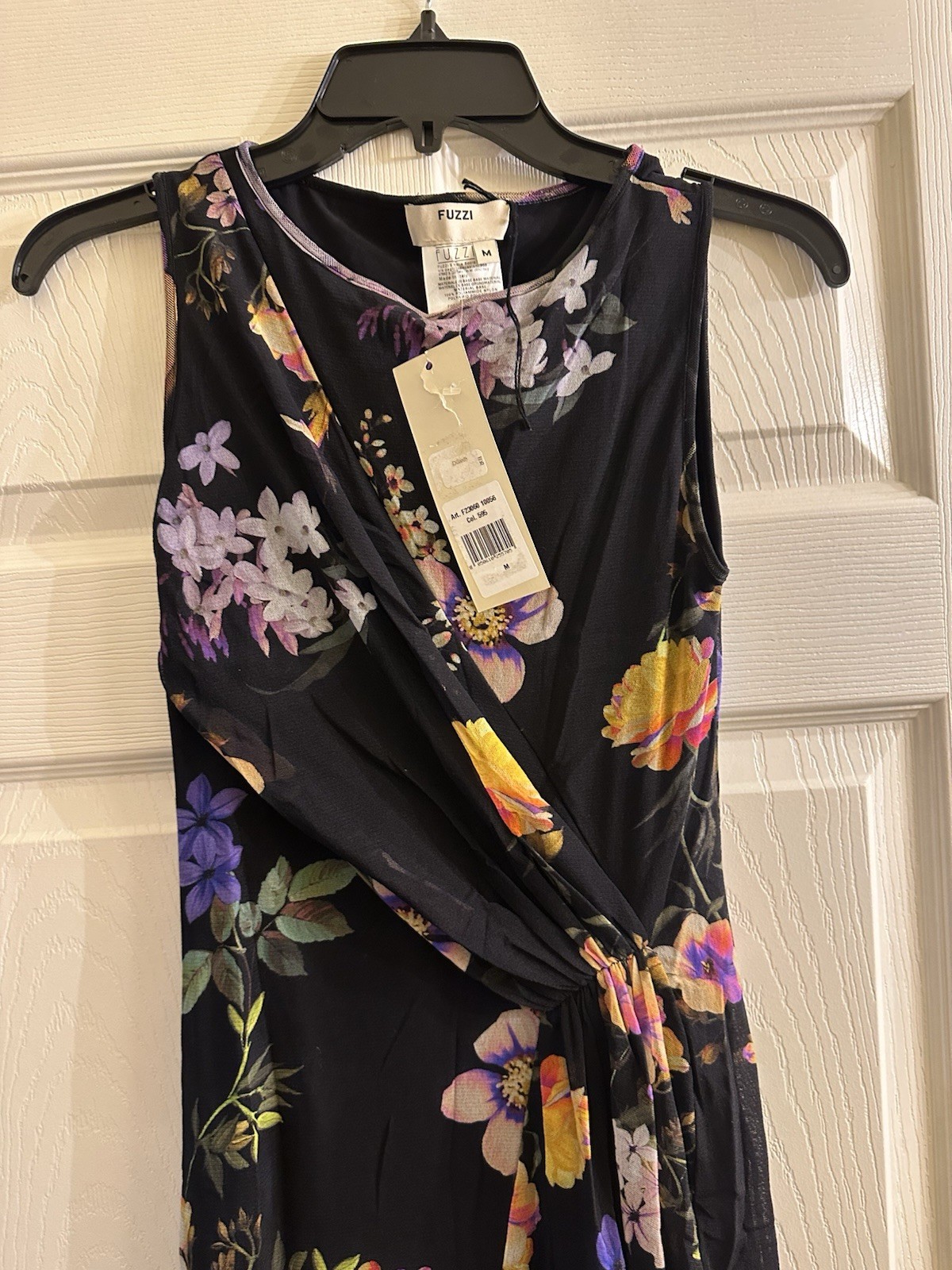 NWT Fuzzi Italy Black Floral Side Rouched Waist Ruffle Mesh Dress Medium