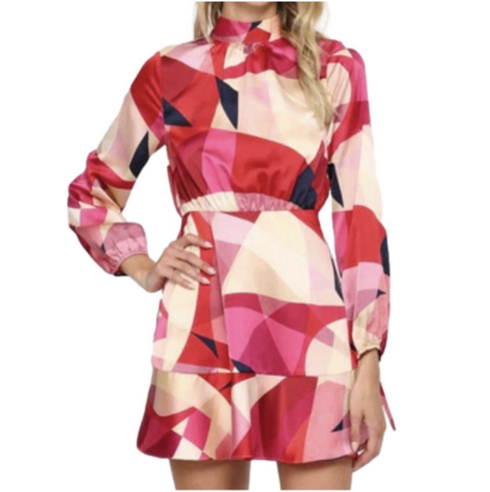 Pants Store DRESS LARGE Colorful Geometric Artsy Pink Red Mini Bow Wedding #154