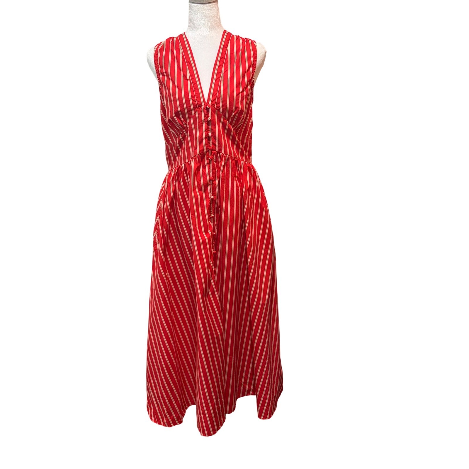 Nobody’s Child Starlight Midi Dress Womens 6 Red Striped Organic Cotton V-Neck