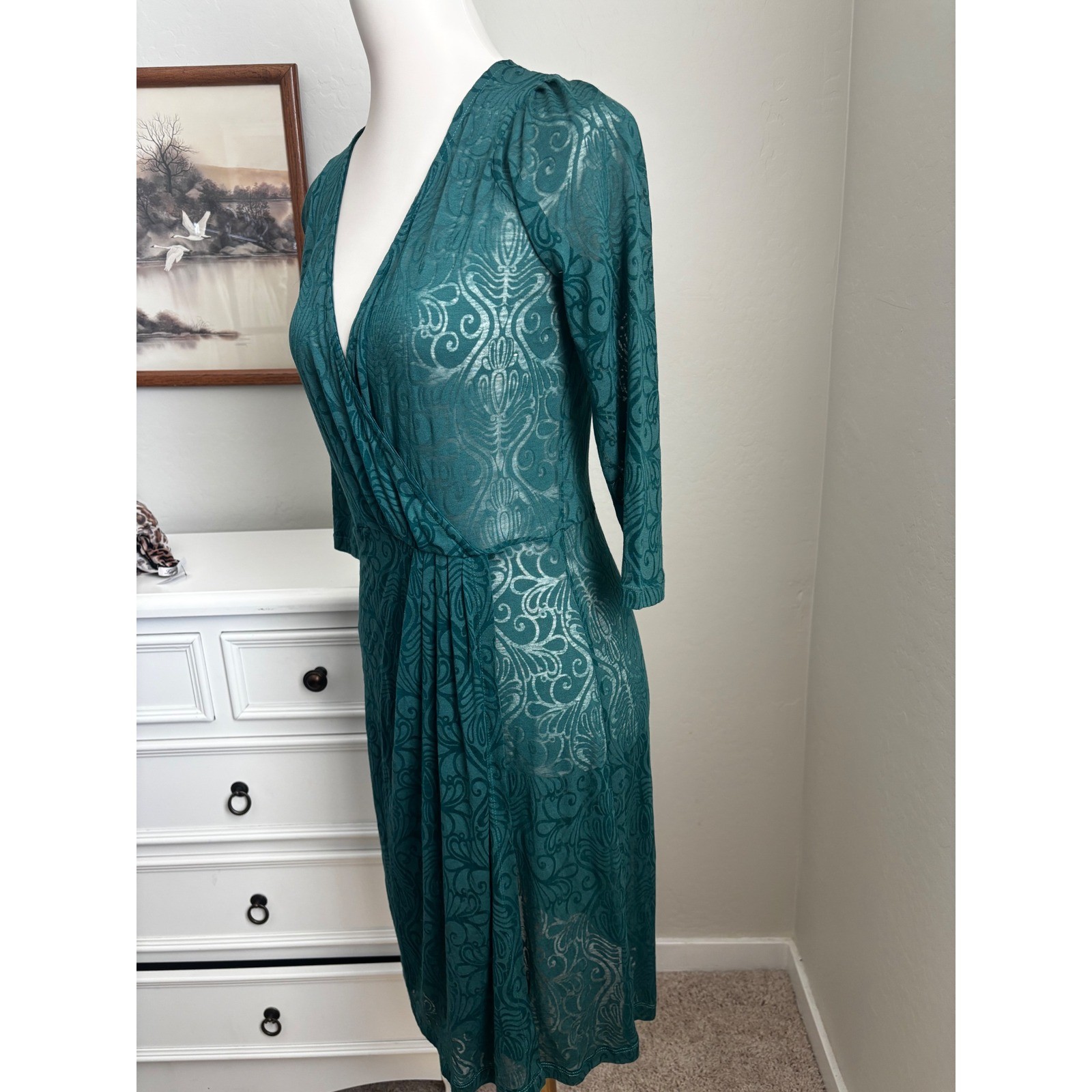 Marcia Mello Runway Teal Green Burnout Damask Wrap Style Dress V-Neck Sleeve P