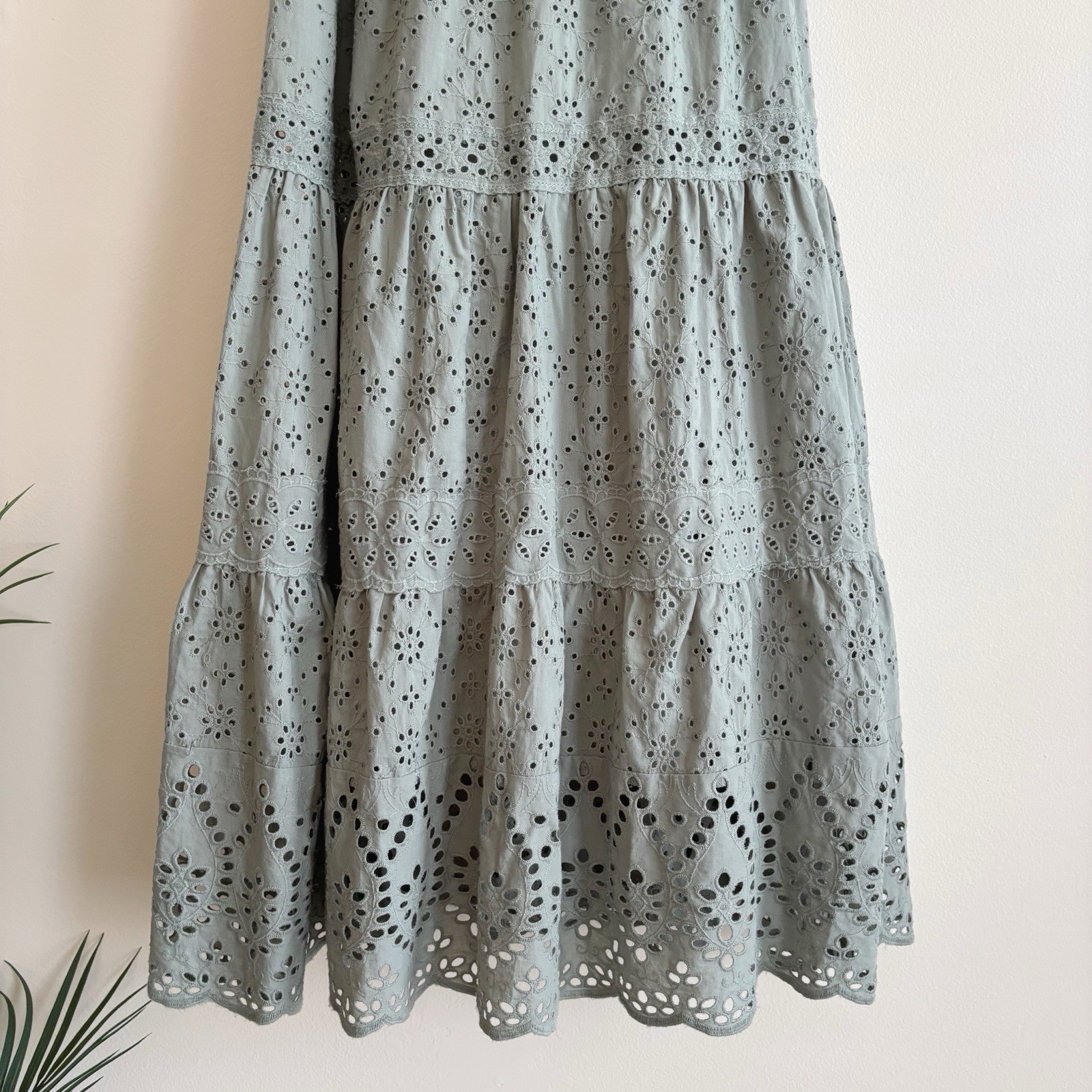 Current Air Sage Green Tiered Eyelet Midi Dress XS Bohemian Summer