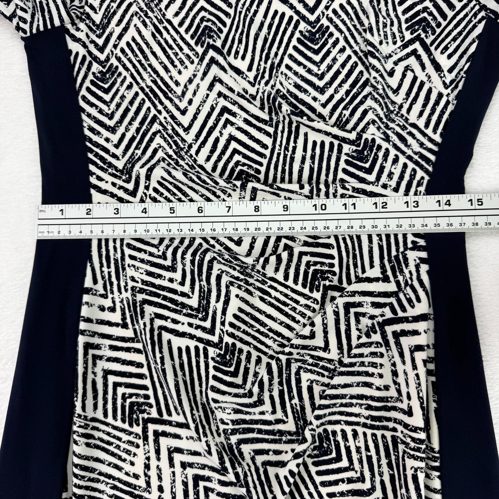 Lauren Ralph Lauren Dress Navy White Sz 10 Geometric Print Ruched 3/4 Sleeve