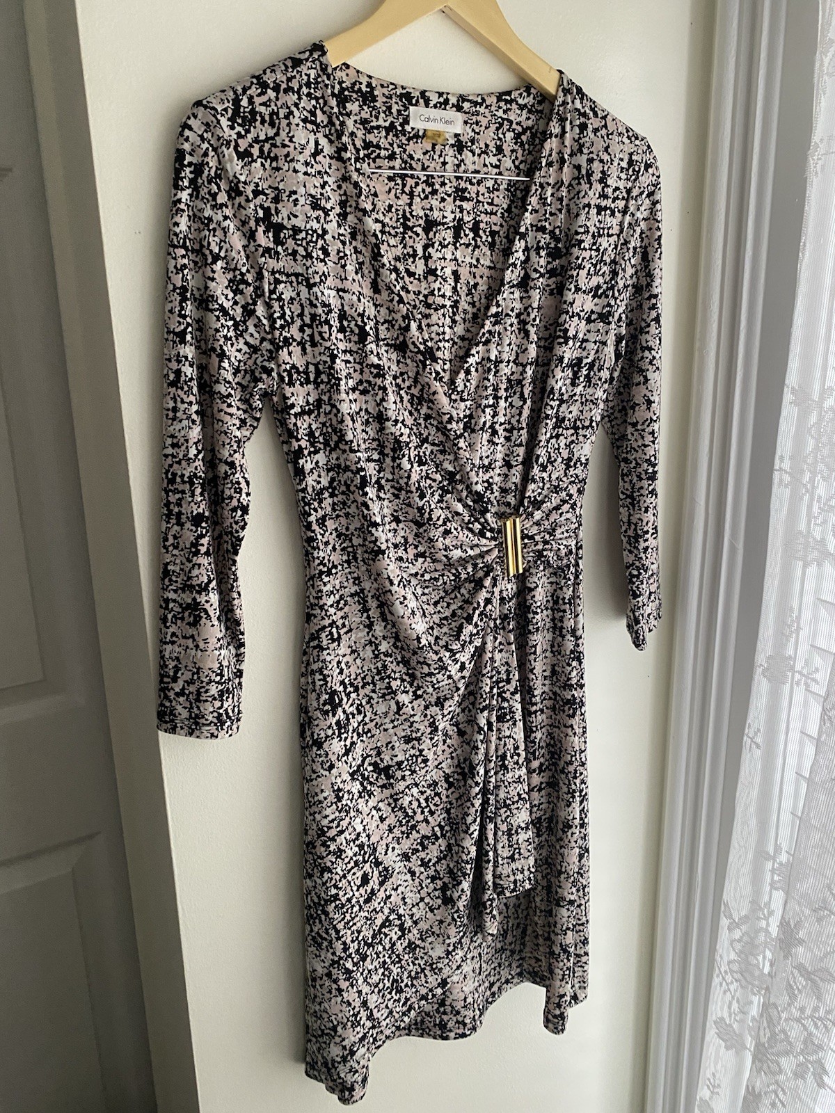 Calvin Klein Womens Printed 3/4 Sleeve Faux Wrap Dress Purple Multi Small