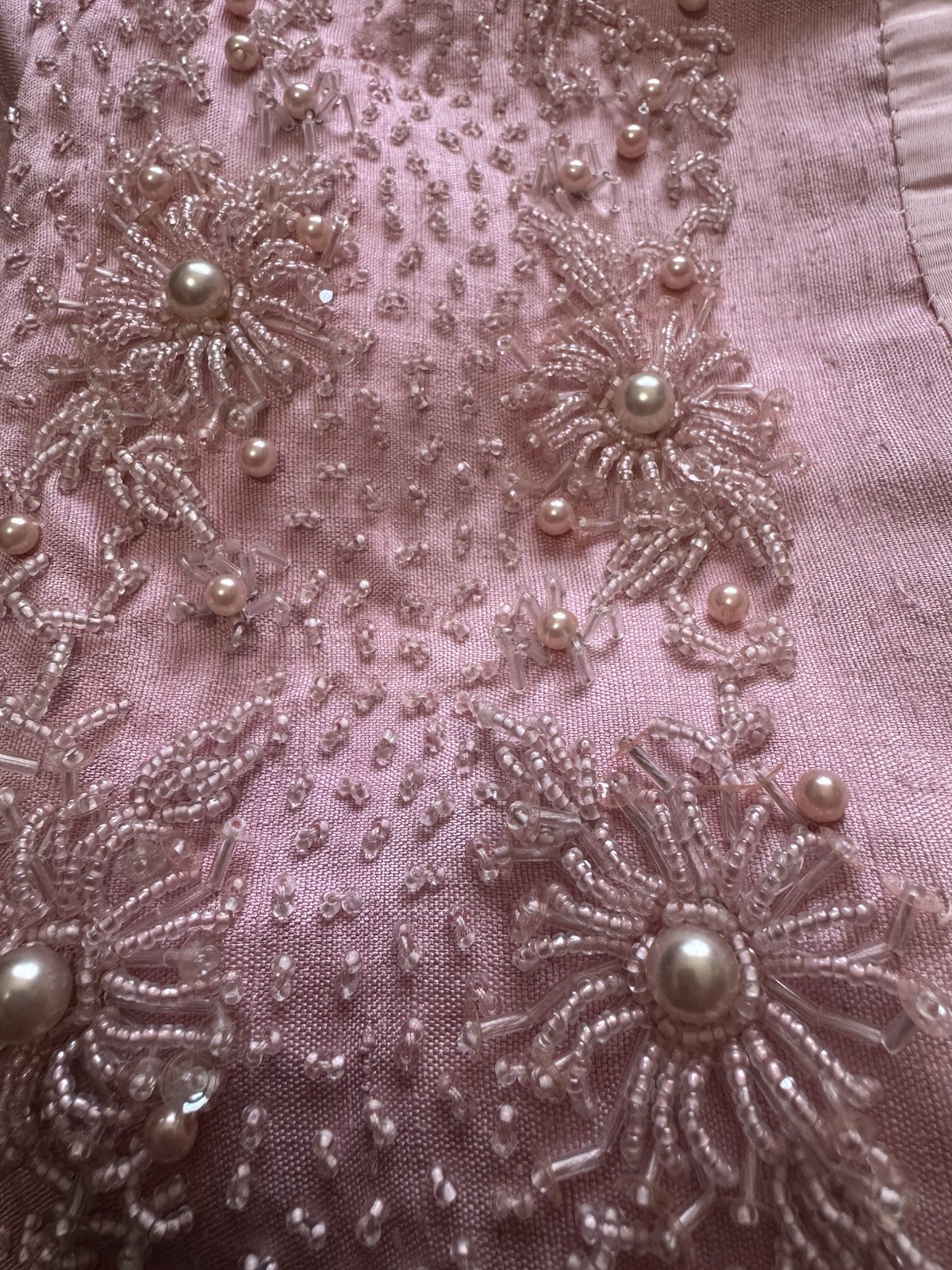 Vintage Pink Hand Beaded Cocktail Dress | Pearls Silk | 60’s Jackie O Glam