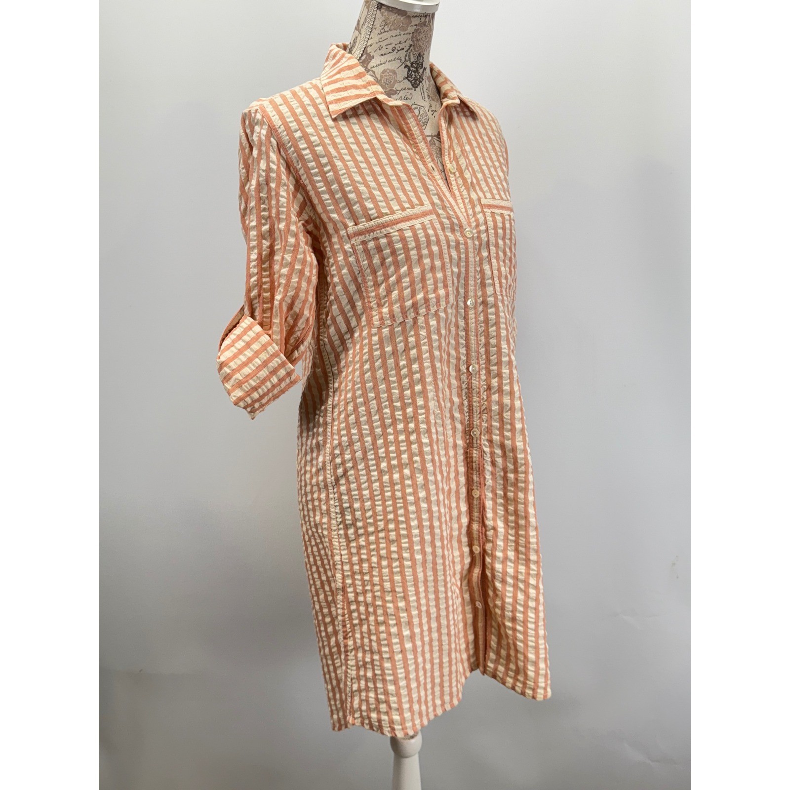 Roller Rabbit Orange White Striped Seersucker Button Front Shirt Dress Sz S