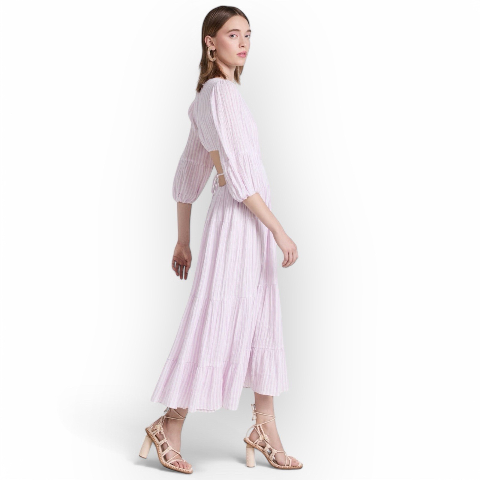 Cinq à Sept Seersucker Midi Dress Size 6 Lavender Ivory Smocked Elastic Waist