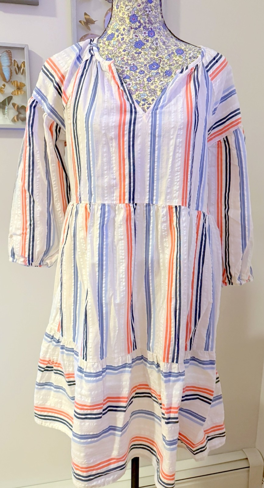 Sonoma Womens S White Seersucker Stripe 100% Cotton V Neck Shift Dress Cover Up