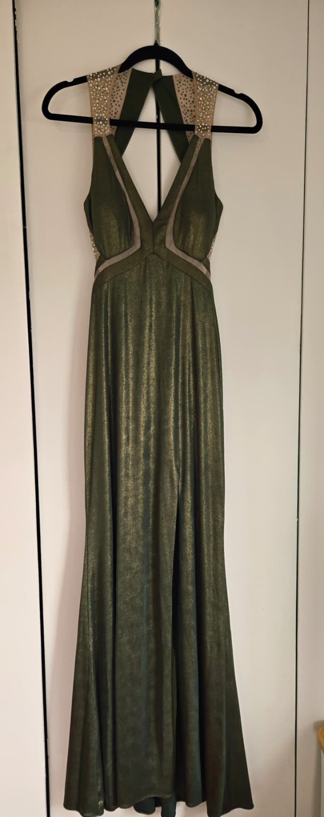 Betsy & Adam Green Gold Metallic Halter Maxi Gown Size 6 Rhinestone USA Made