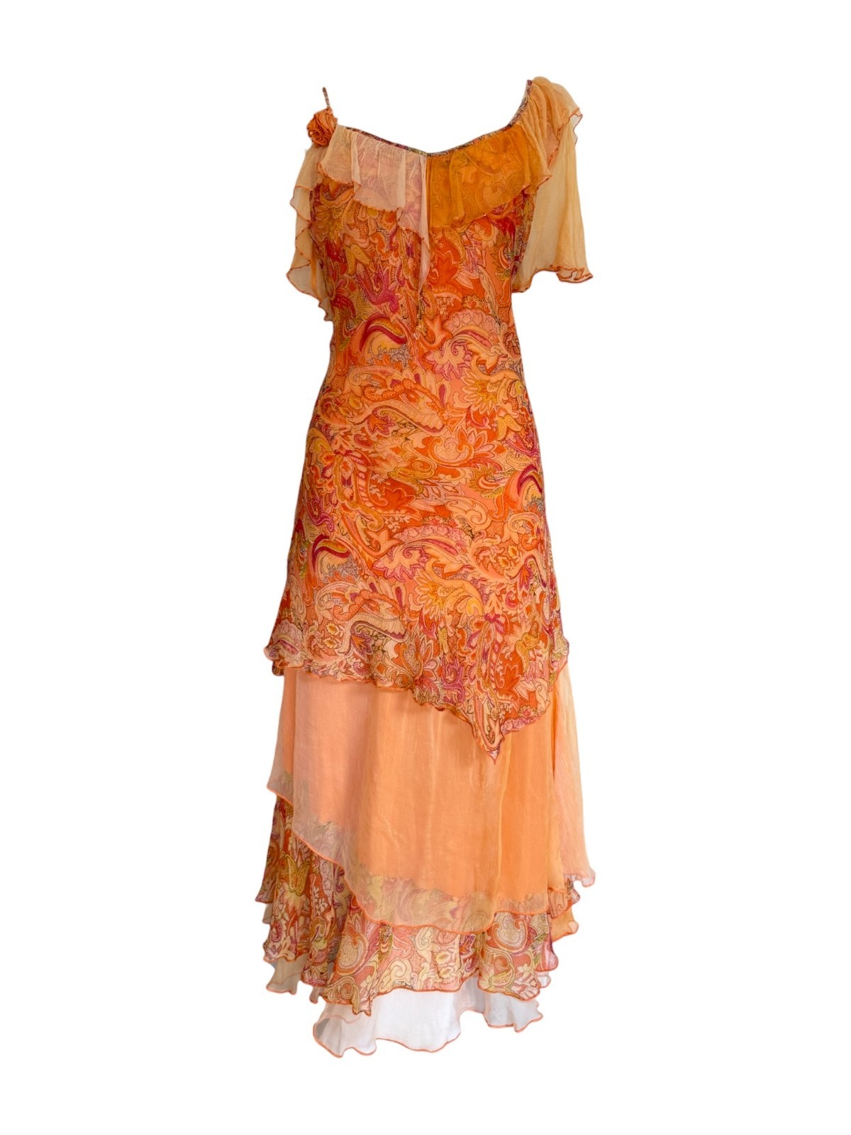 French Designer Orange Paisley Floral Appliqué Dress T2