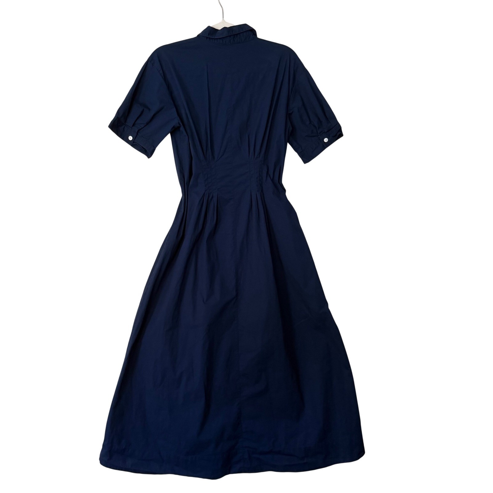 LOFT Navy Blue Short Sleeve Button Down Pleated Waist Midi Shirt Dress Size 8