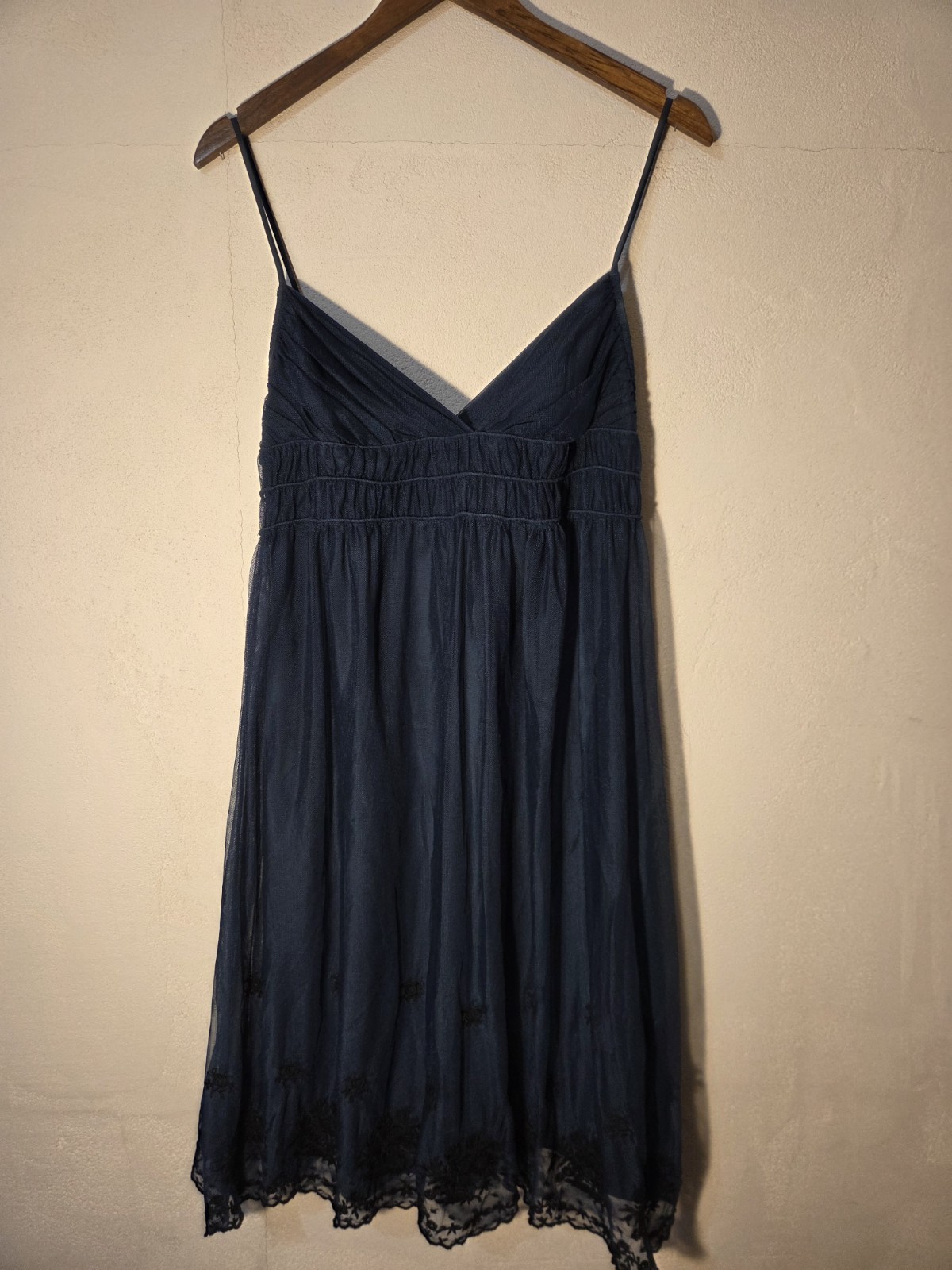 Y2K Betsey Johnson Navy Blue Mesh Lace Slip Dress Size 8 Spaghetti Strap