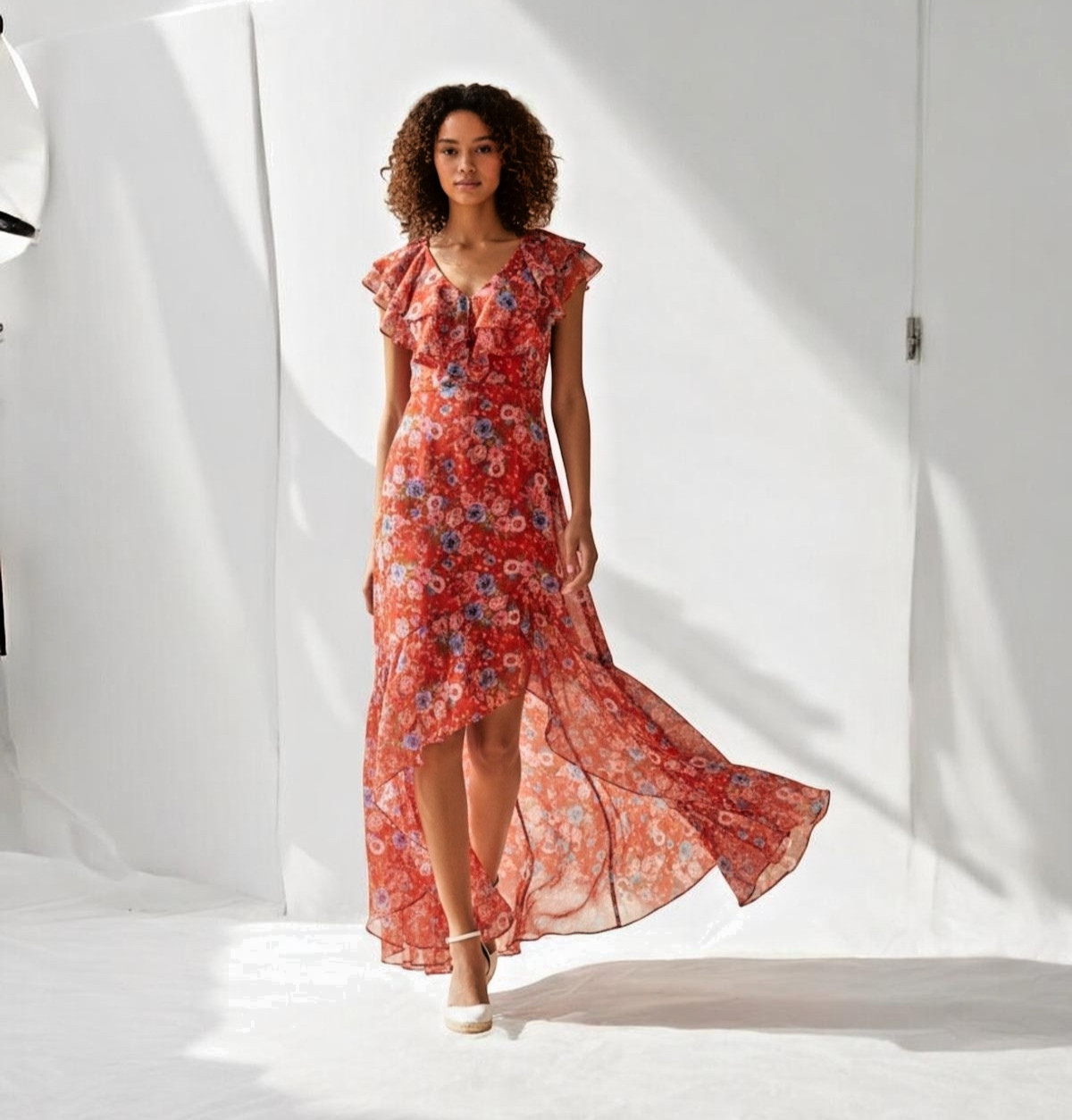 ANTHROPOLOGIE WAYF Red Ruffle Floral High Low Maxi Dress S – Summer Dress