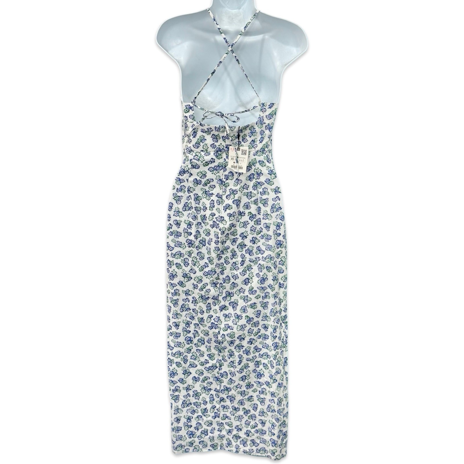 Zara White Blue Green Floral Cross Strap Front Slit Midi Dress size XS NEW Tags