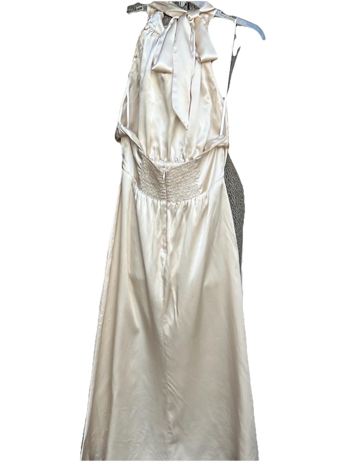 Reformation Ivory Silk Satin Maxi Dress Halter Sleeveless Bow Button Size 10