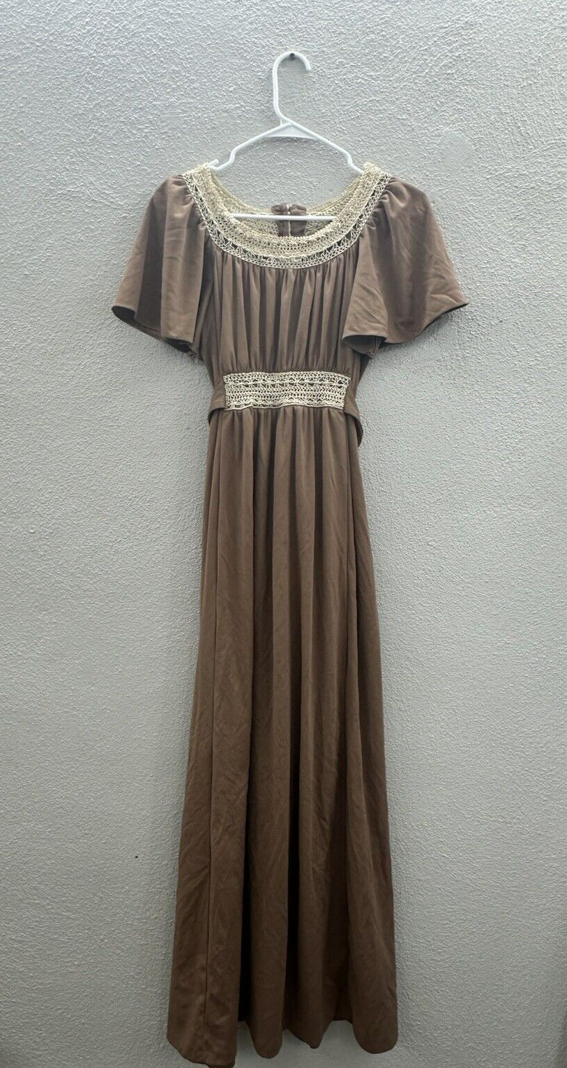 Unbranded Womens Dress Size Unknown Brown Maxi Short Sleeve Vintage