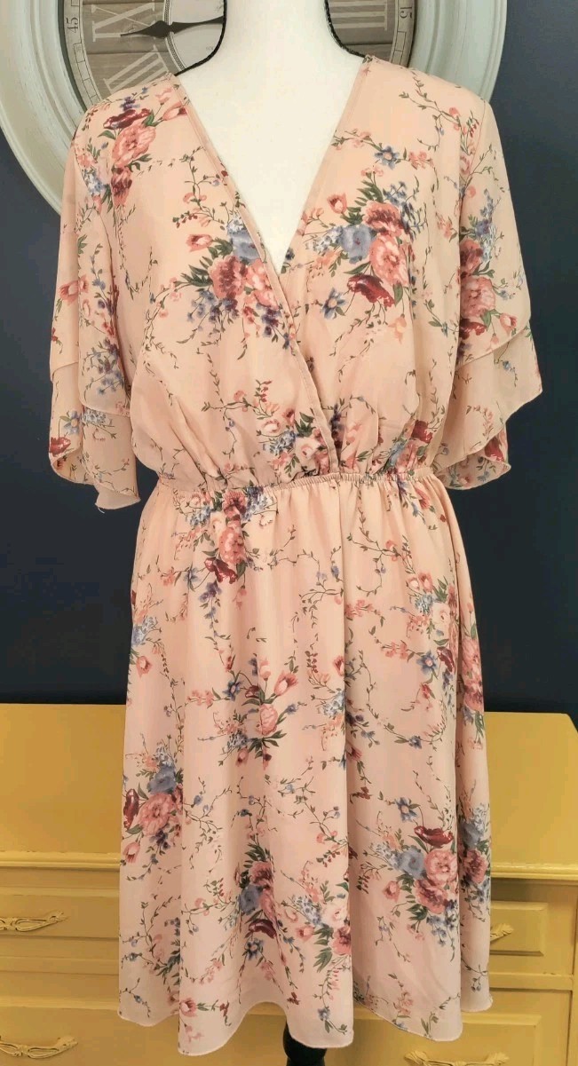 Sheer Floral Midi Dress XL Pink Red Green Blue Short Sleeve V Neck Elastic Waist