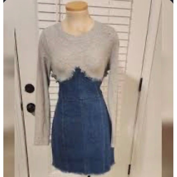 Akira Denim Hybrid Mini Dress Womens Y2K Small Grey Blue Excellent Frayed Corset