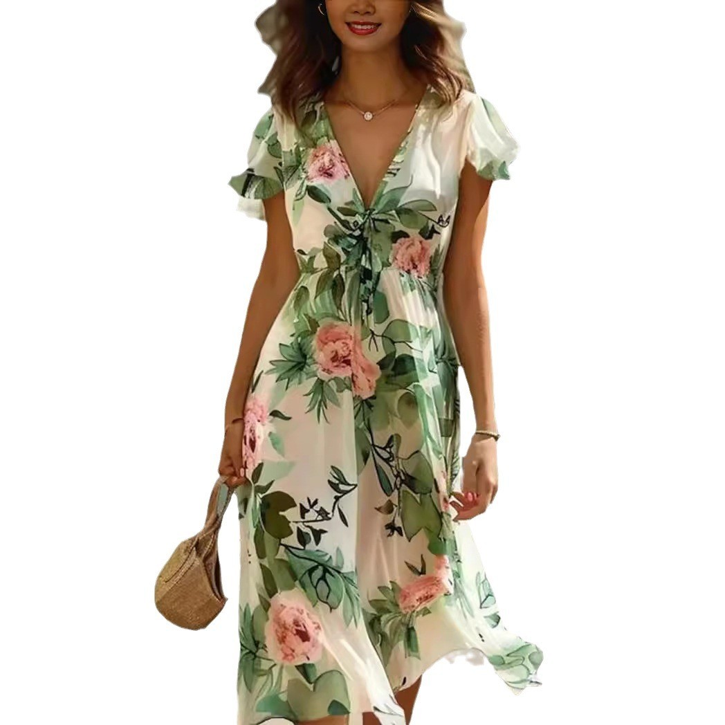 Printed Bohemian Women’s V-neck Mid-length Dress Sleeveless Summer