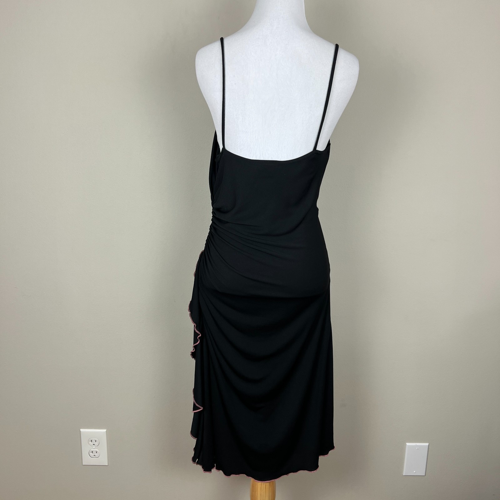Vintage Y2K 90s City Triangles Dress Large Black Pink Ruched Draped Cowl Neck L