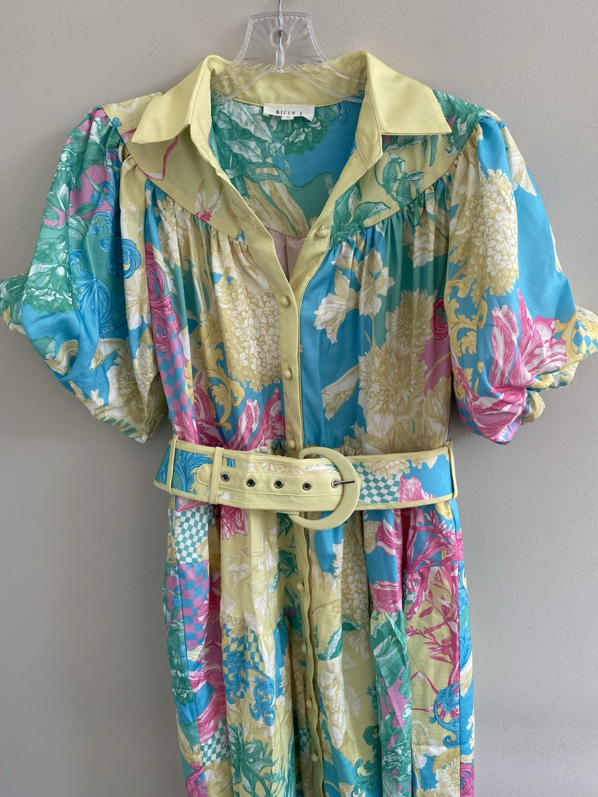 Billy J. Yellow Pink & Blue Floral Linen Blend Maxi Dress Womens Size Small