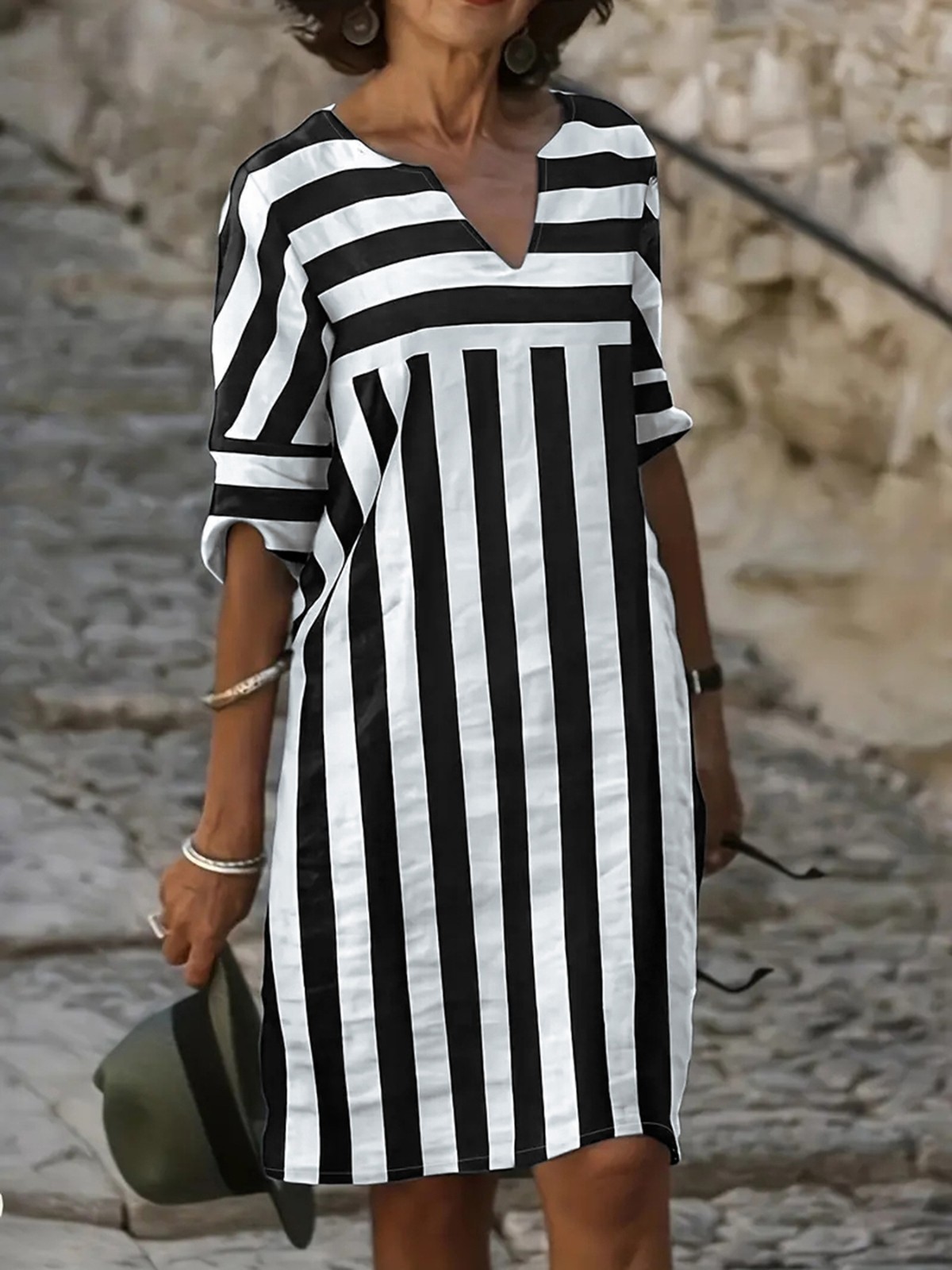 Honey – Women’s Striped Notched Neck Mini Dress Casual Stretch Summer Dress