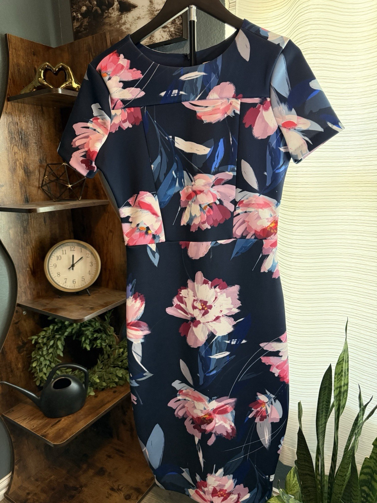 Neiman Marcus Navy/Pink Floral Sheath Round Neck Stretch Knit Zip Dress S