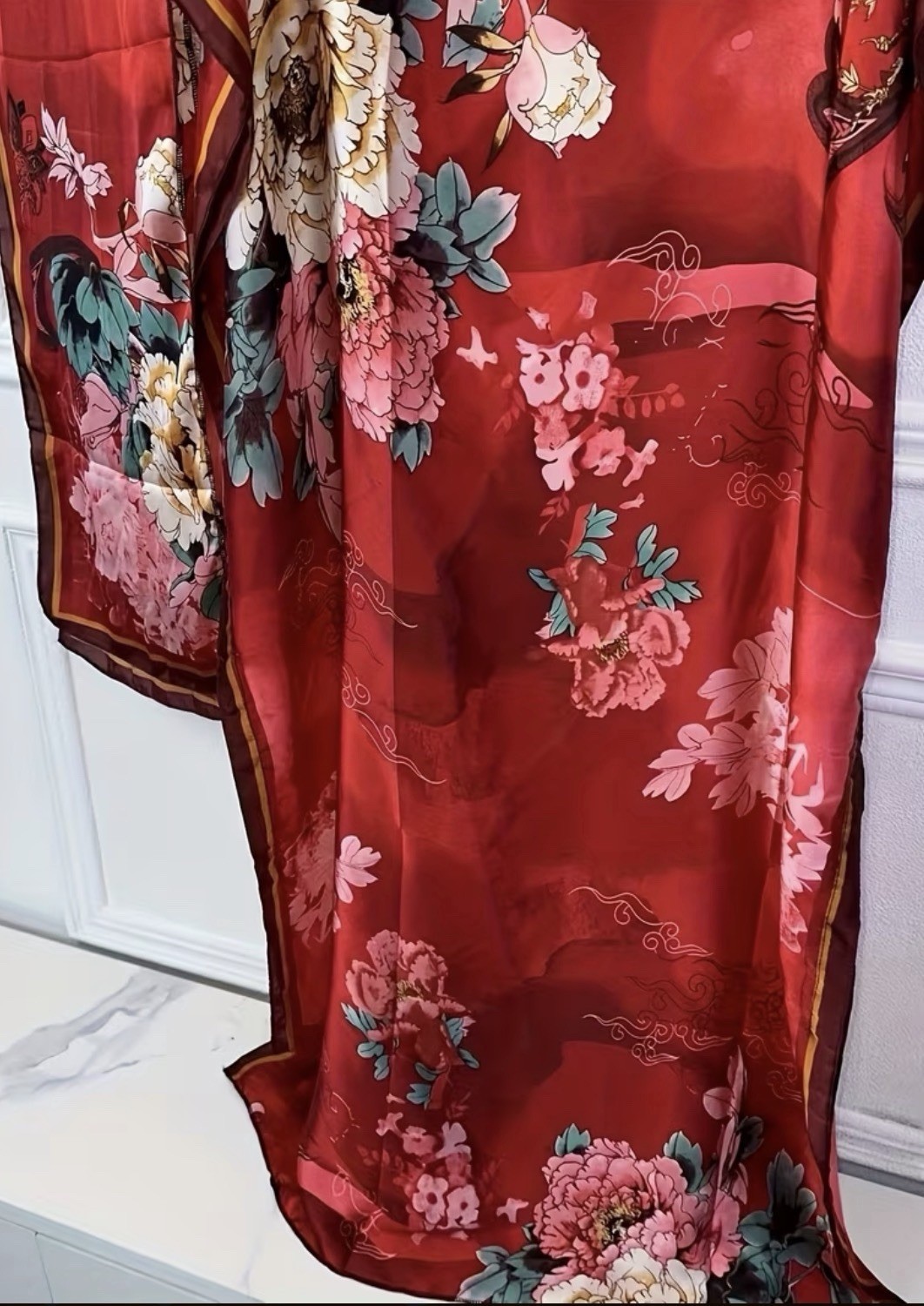 Red/Pink/Green Floral Round Neck Long Sleeve Long Kaftan Dress One Size