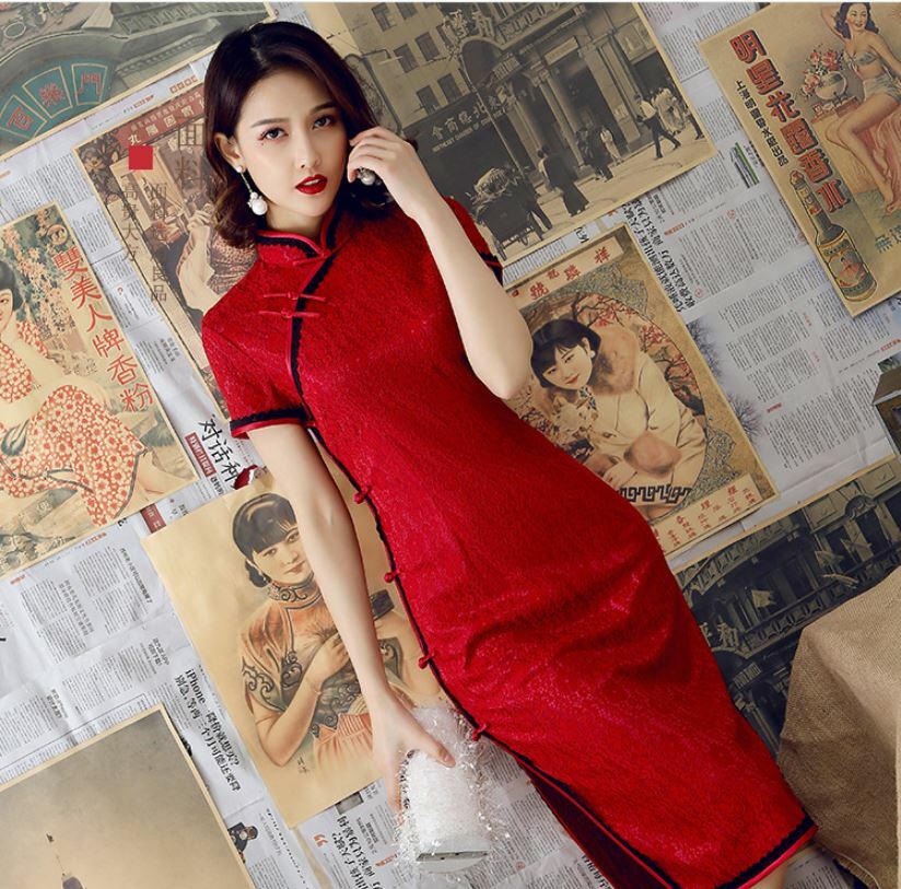 New Luxurious China Red Chinese Short Lace Dress Cheongsam Qipao lcdress