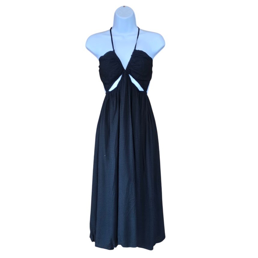 Fiestar Midi Cutout Sun Dress Womens L Black Textured Halter Boho Beach Siren