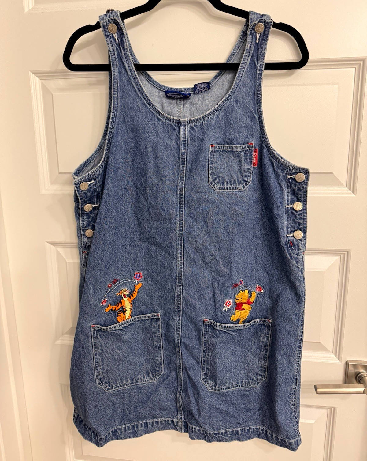 Disney Pooh Women’s M Blue Denim Overall Dress Embroidered Pooh Tigger Pockets