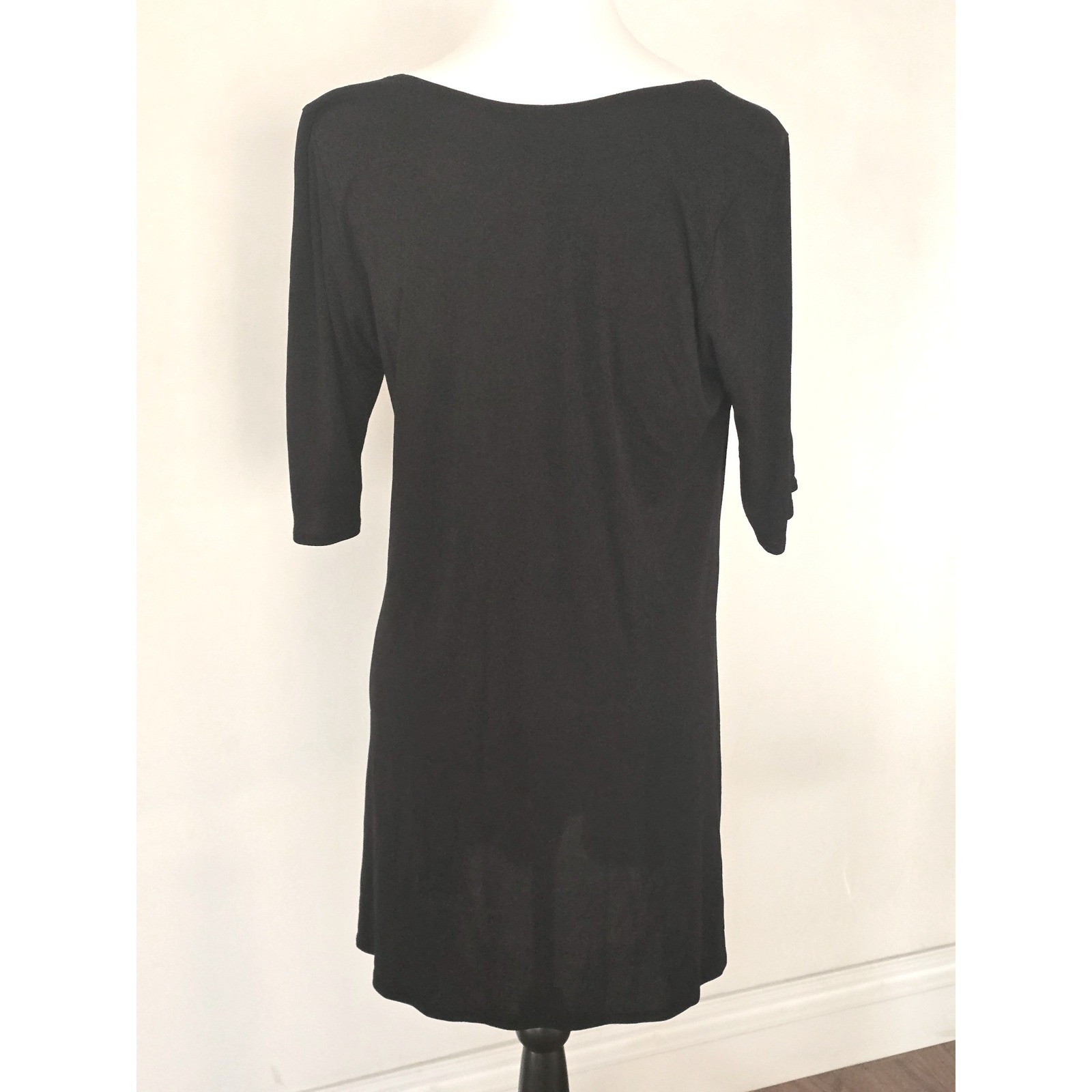 Eileen Fisher Black 100% Silk Jersey Scoop Neck Elbow Sleeve Shift Dress Medium