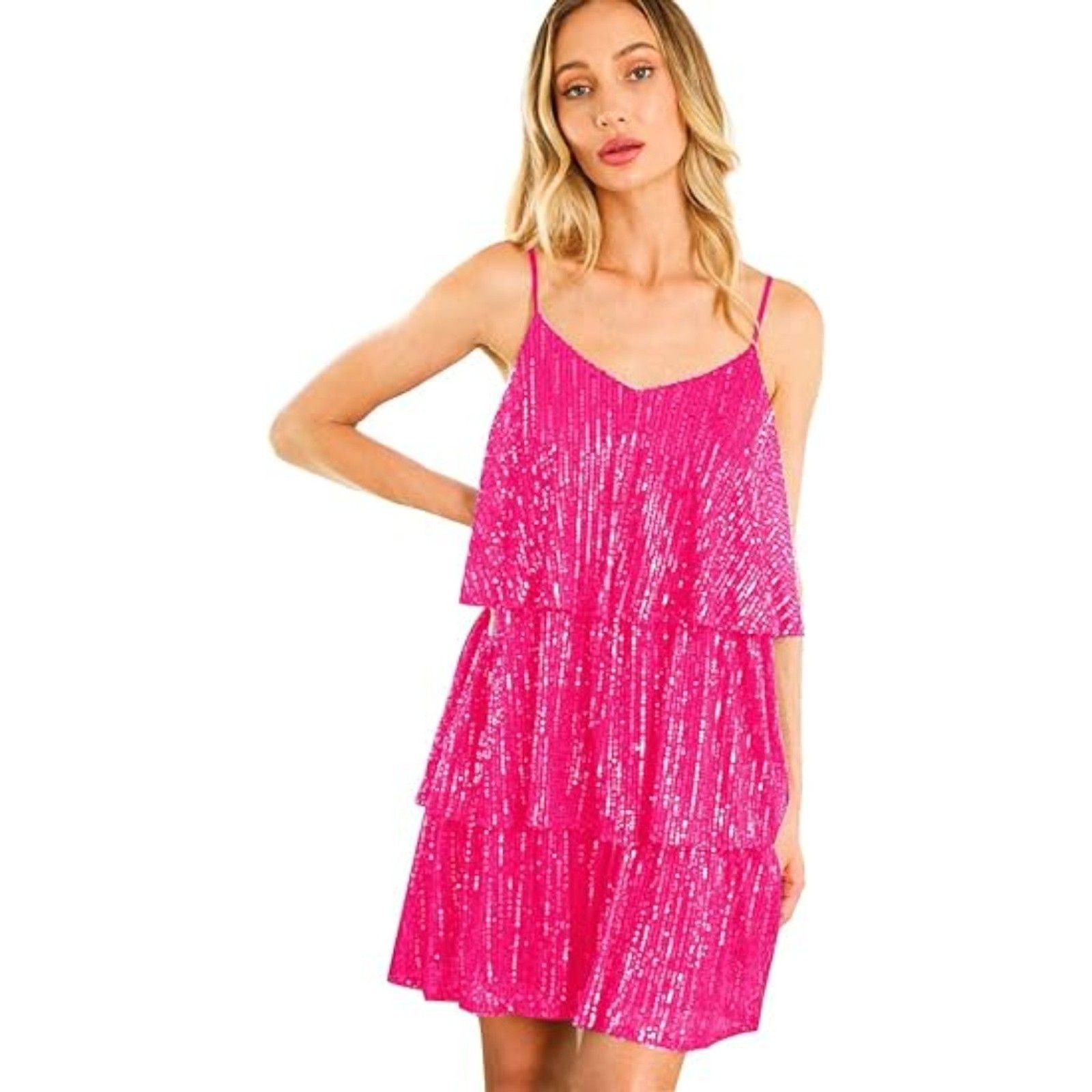 Glitter Sequin Adjustable Spaghetti Strap V Neck Dress, LARGE, 6H-172D005