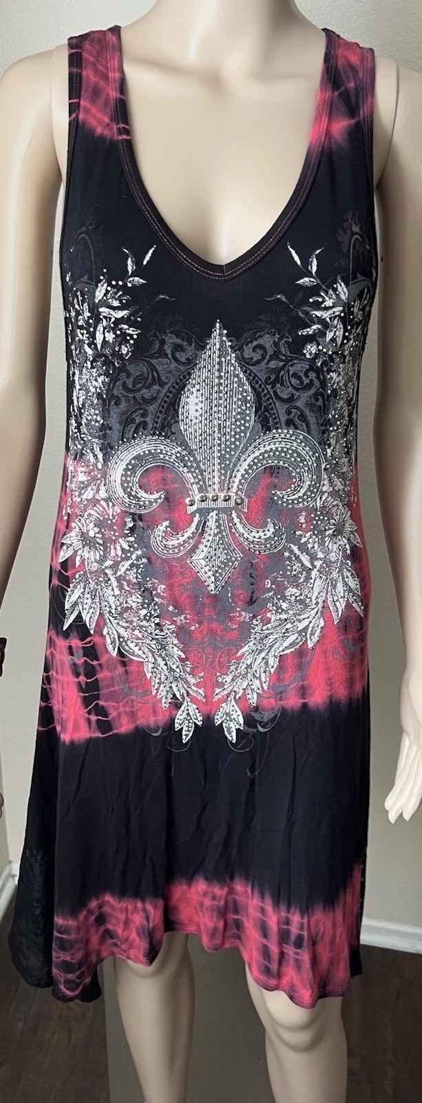 VOCAL Fleur De Lis Y2K Tie Dye Embellished Asymmetrical Slip Dress Sleeveless L