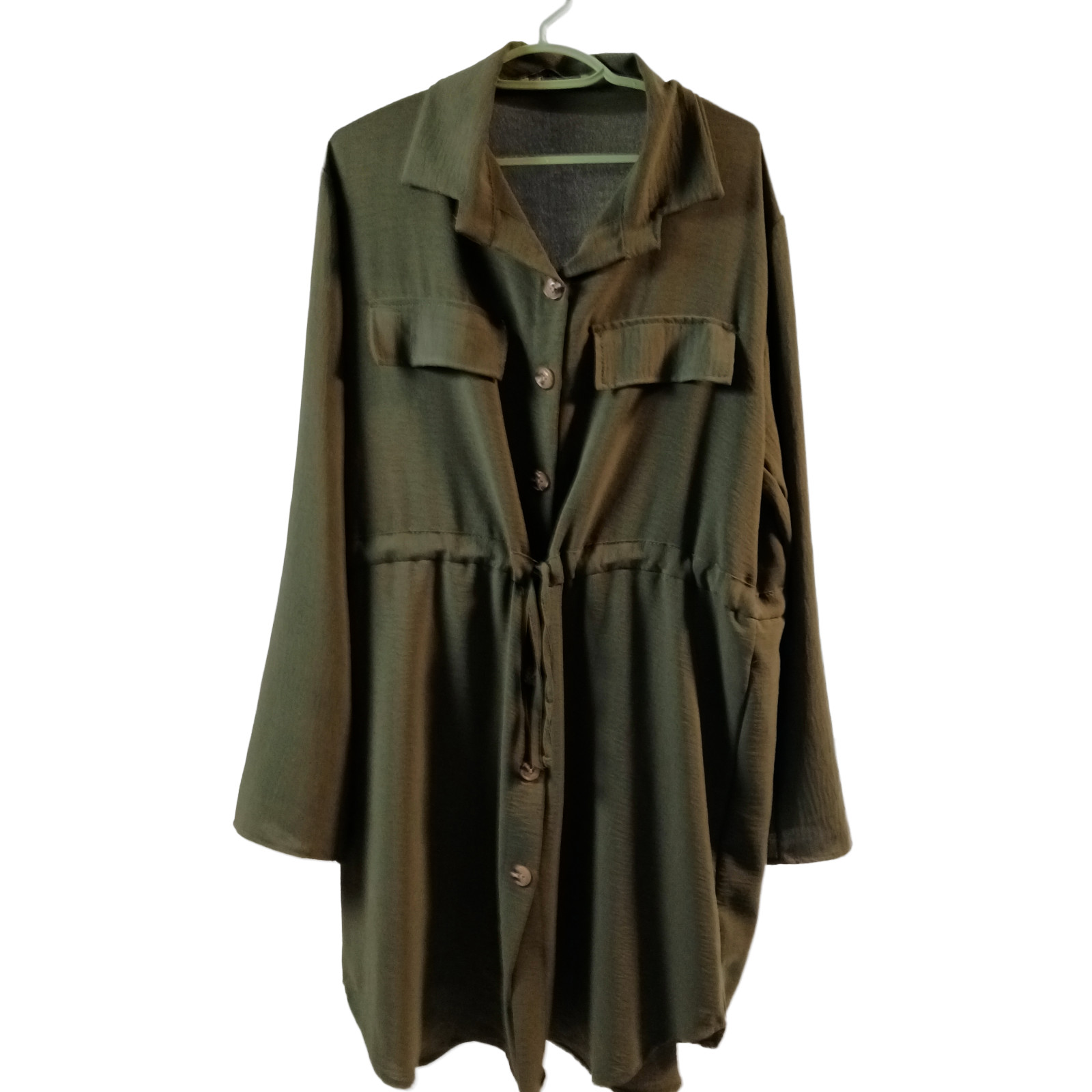 Creme Fraiche Shirt Dress Womens S/M Green Safari Roll Tab Sleeve Button Up