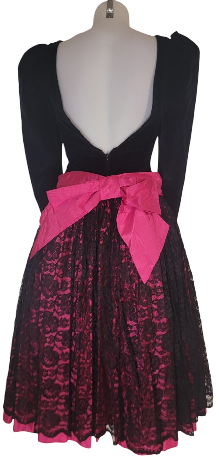 Vtg 80s Womens Victorian Black Velvet Pink Bow Retro Lace Whimsigoth Dress Sz S
