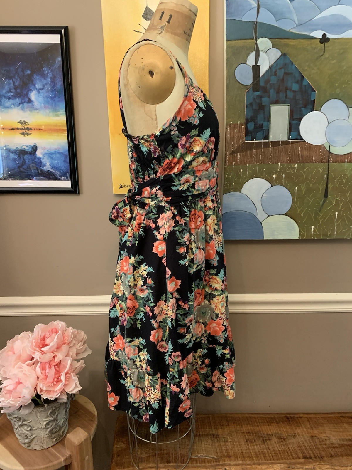 Angie Cotton Black Multi Floral Ruffled Midi Summer Dress L Boho