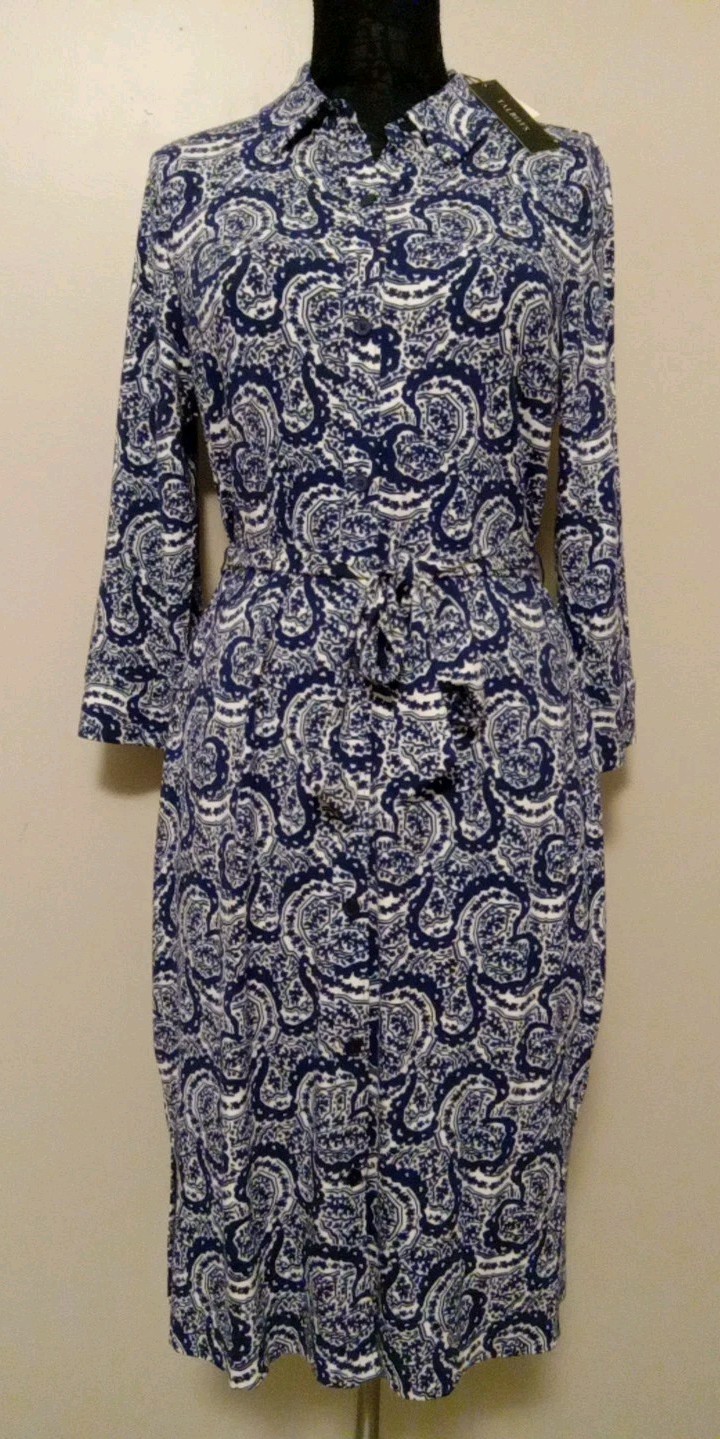 Talbots Women Blue White Paisley Collar Button Down Midi Dress Size L