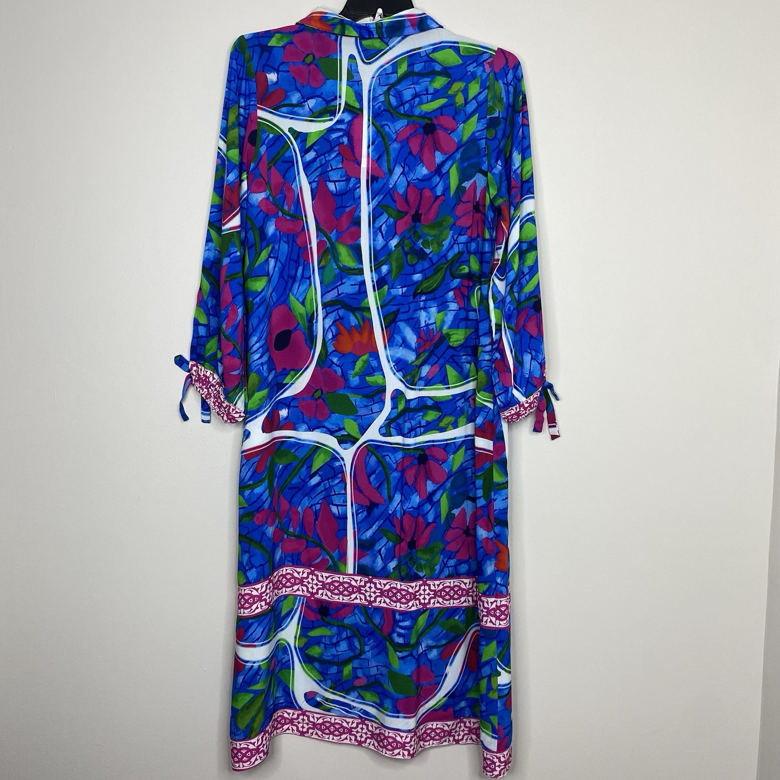 Celina Moon Blue Floral Button Front Midi Dress Pocket Long Sleeve Sz Large