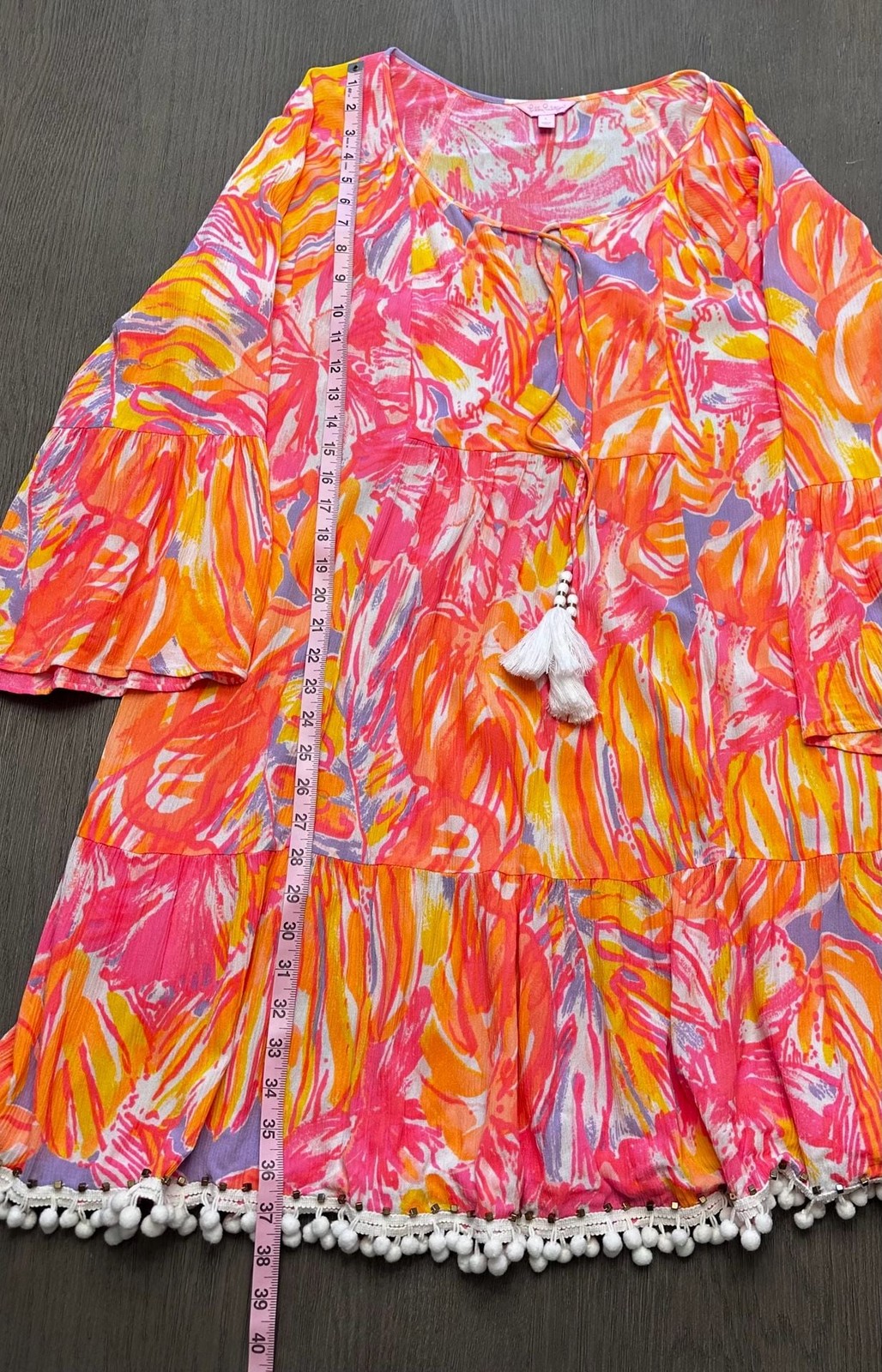Lilly Pulitzer Amisa Tunic Dress Pink Tropical Floral Tassel Pom Pom Trim Size L