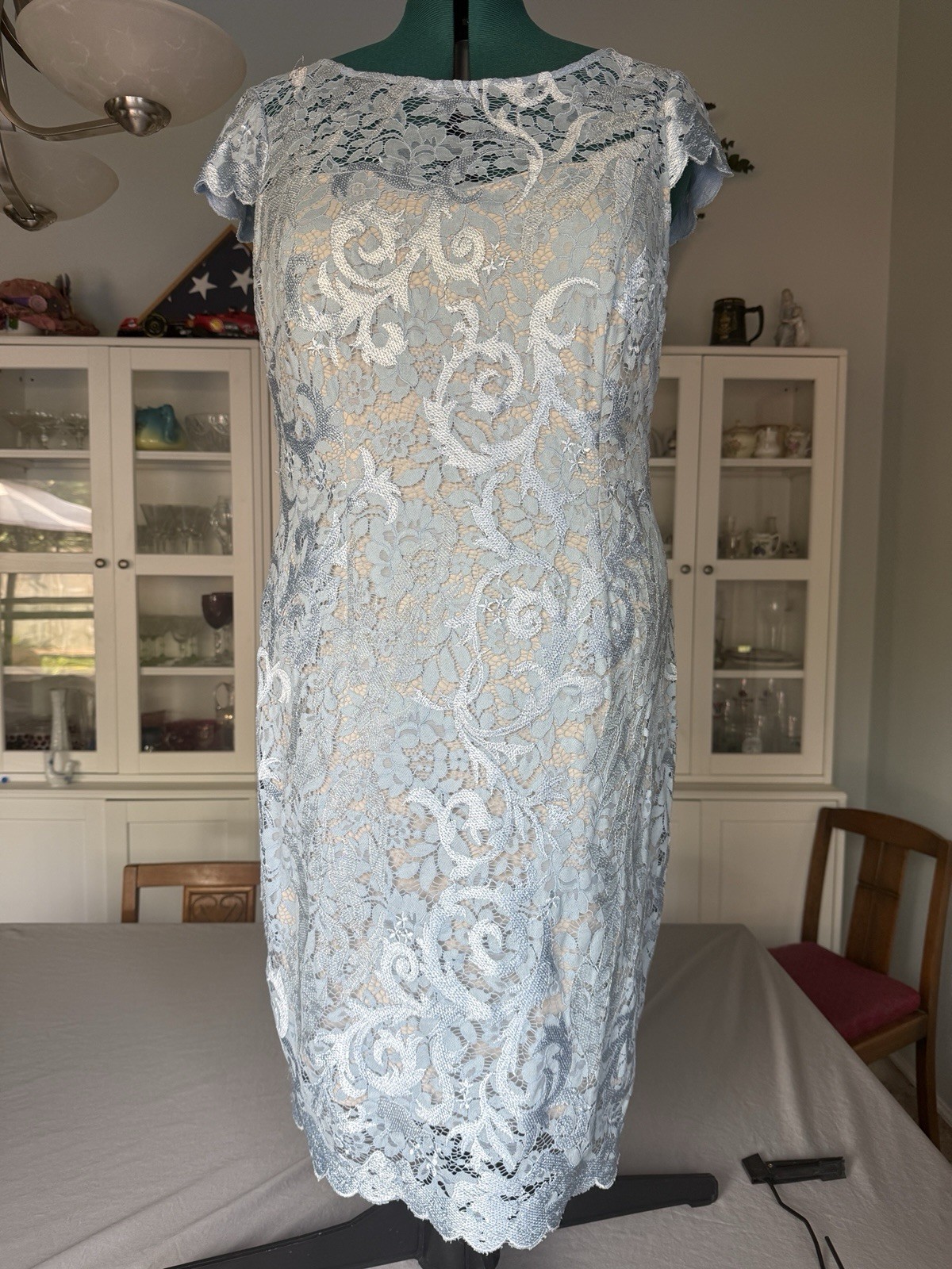 Adrianna Papell Blue Floral Lace Sheath V-Neck Cap Sleeve Lined Zip 6