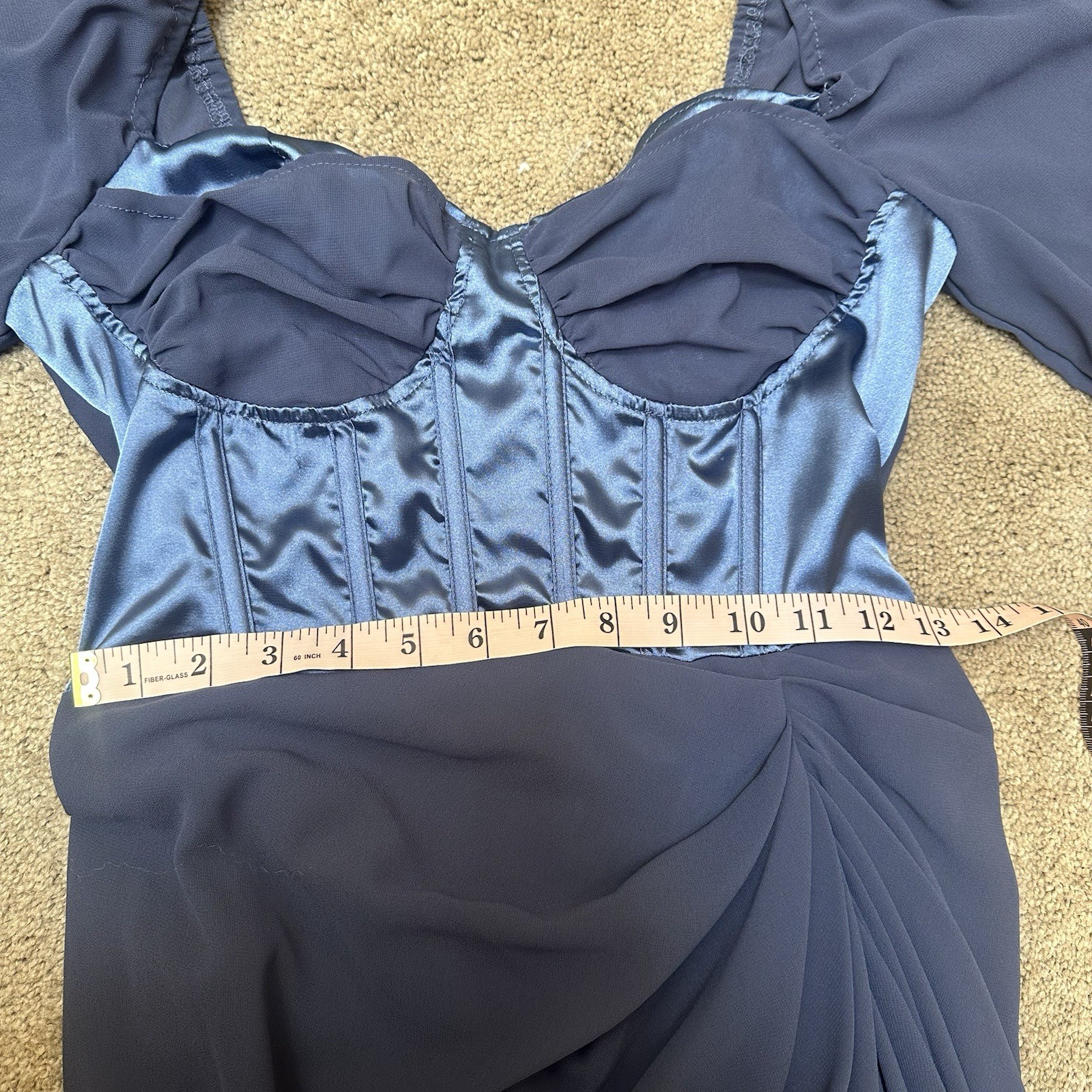 Pretty Little Thing Blue Satin Corset Chiffon Mesh Draped Bodycon Midi Dress 8 M