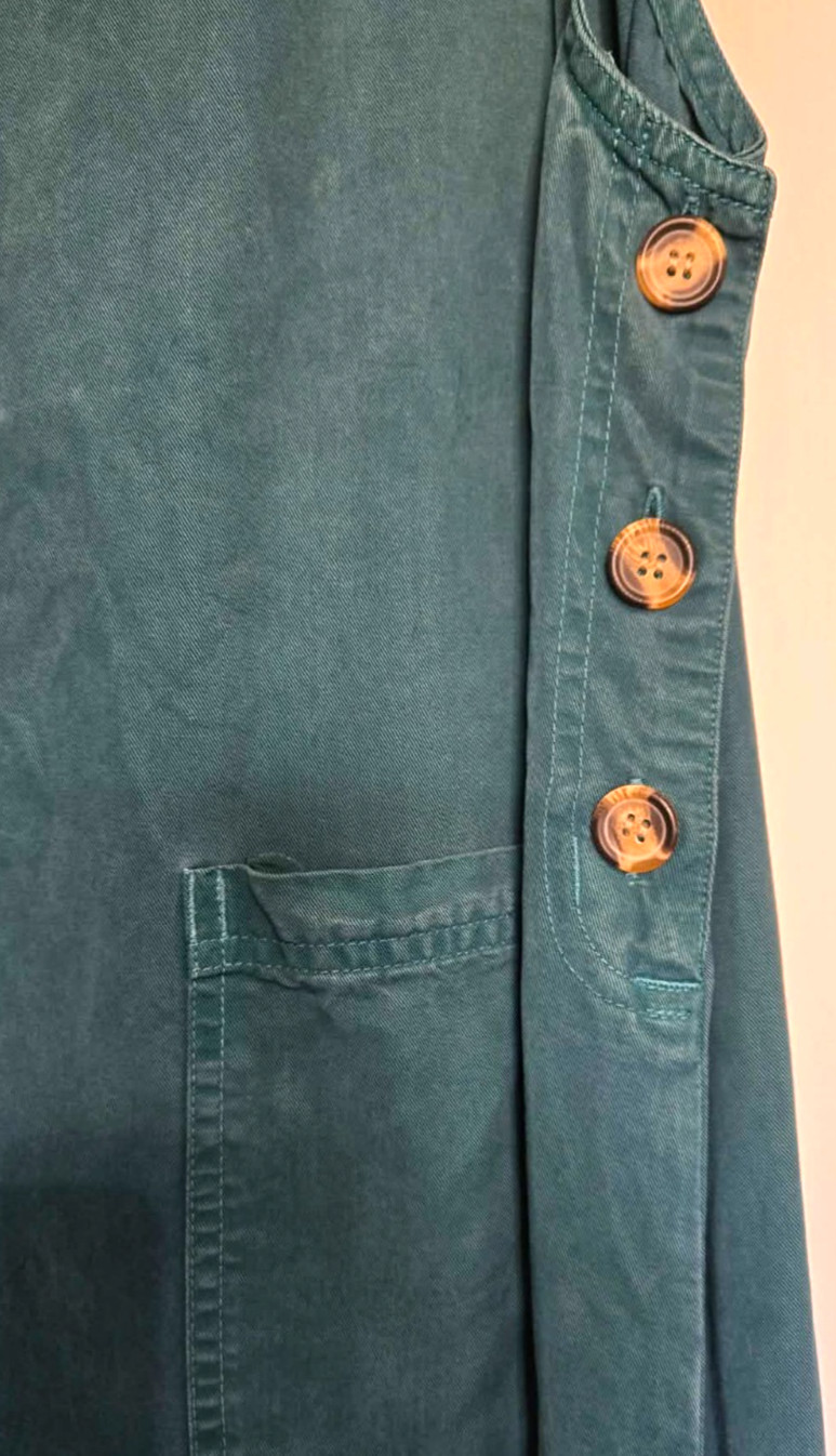 Amy K Su AKS Tencel Pinafore Jumper Maxi Buttoned Pockets Green Dress L Pet A900